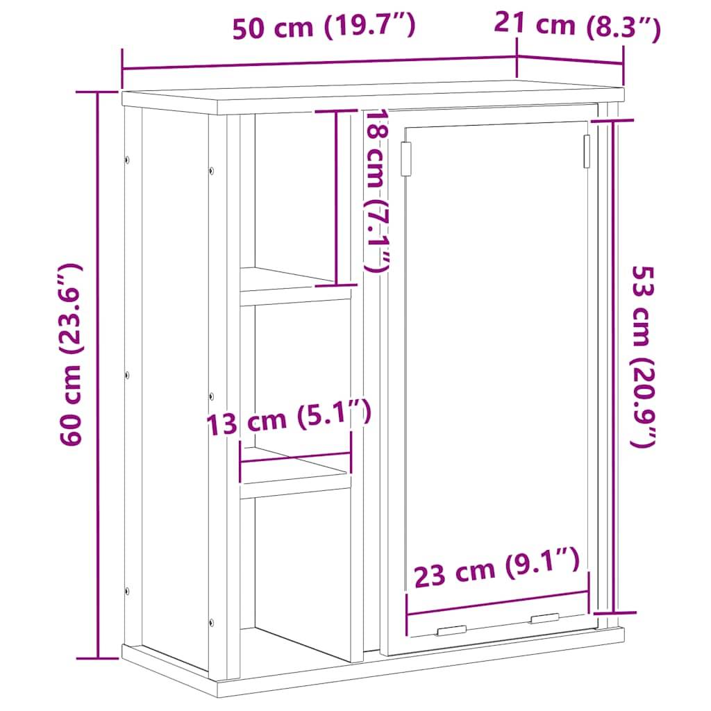 vidaXL Bad-Wandschrank mit Spiegel Braun Eichen-Optik 50x21x60 cm