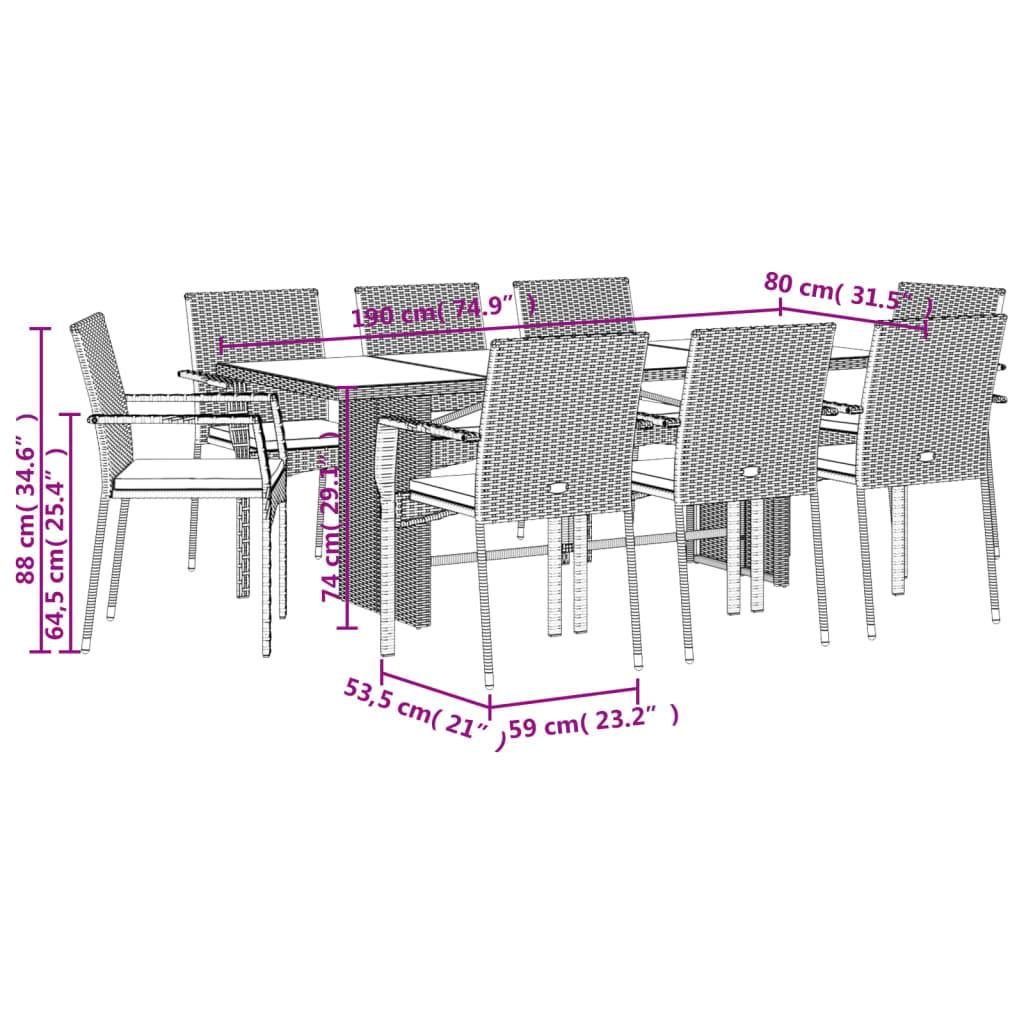 vidaXL 9-tlg. Garten-Essgruppe mit Kissen Schwarz Poly Rattan