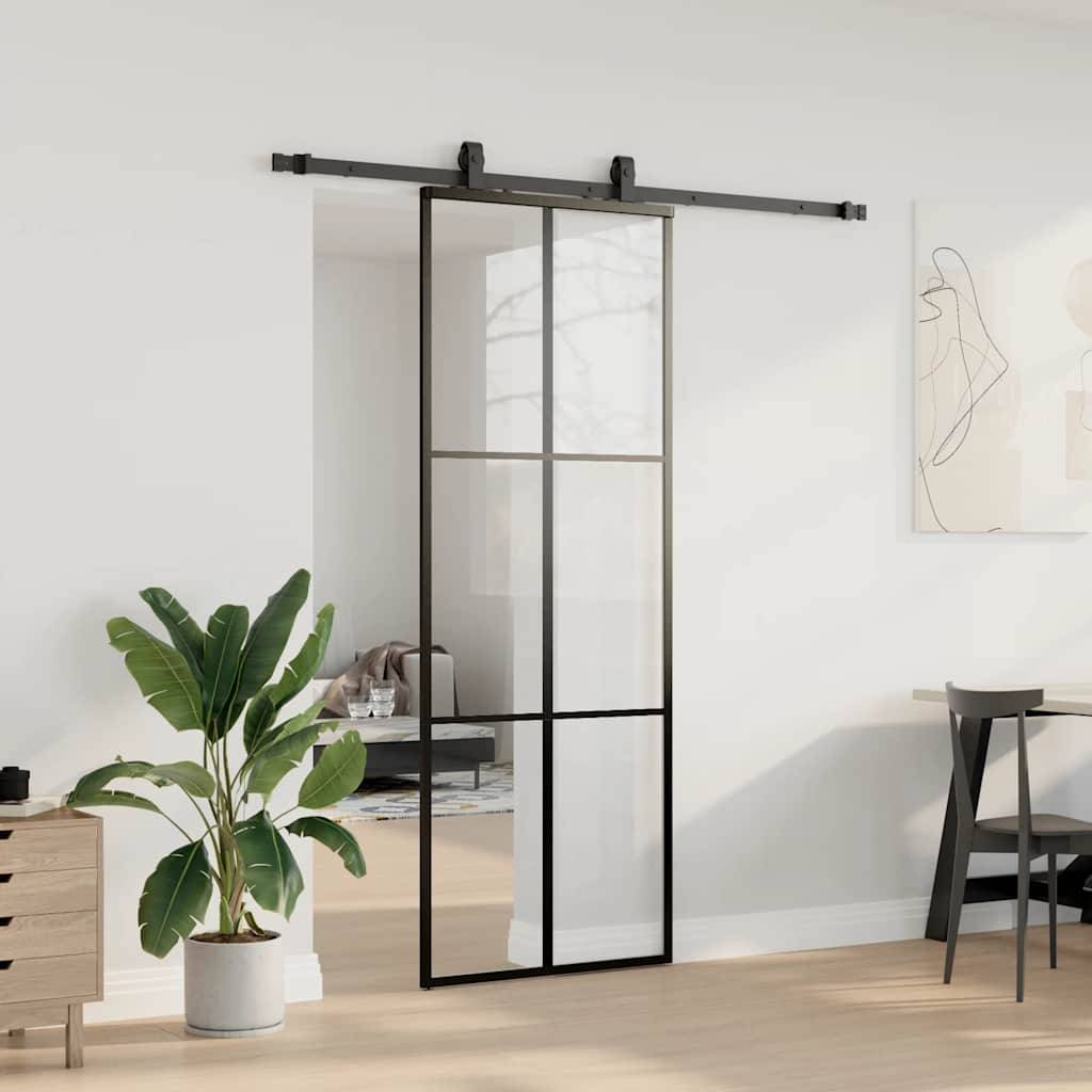 vidaXL Schiebetür mit Beschlag Schwarz 76x205 cm ESG-Glas