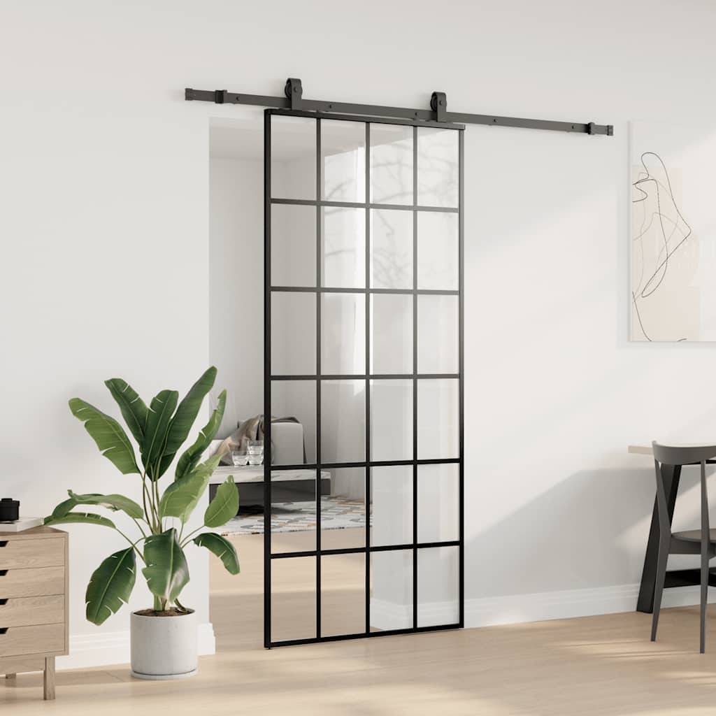 vidaXL Schiebetür mit Beschlag Schwarz 90x205 cm ESG-Glas