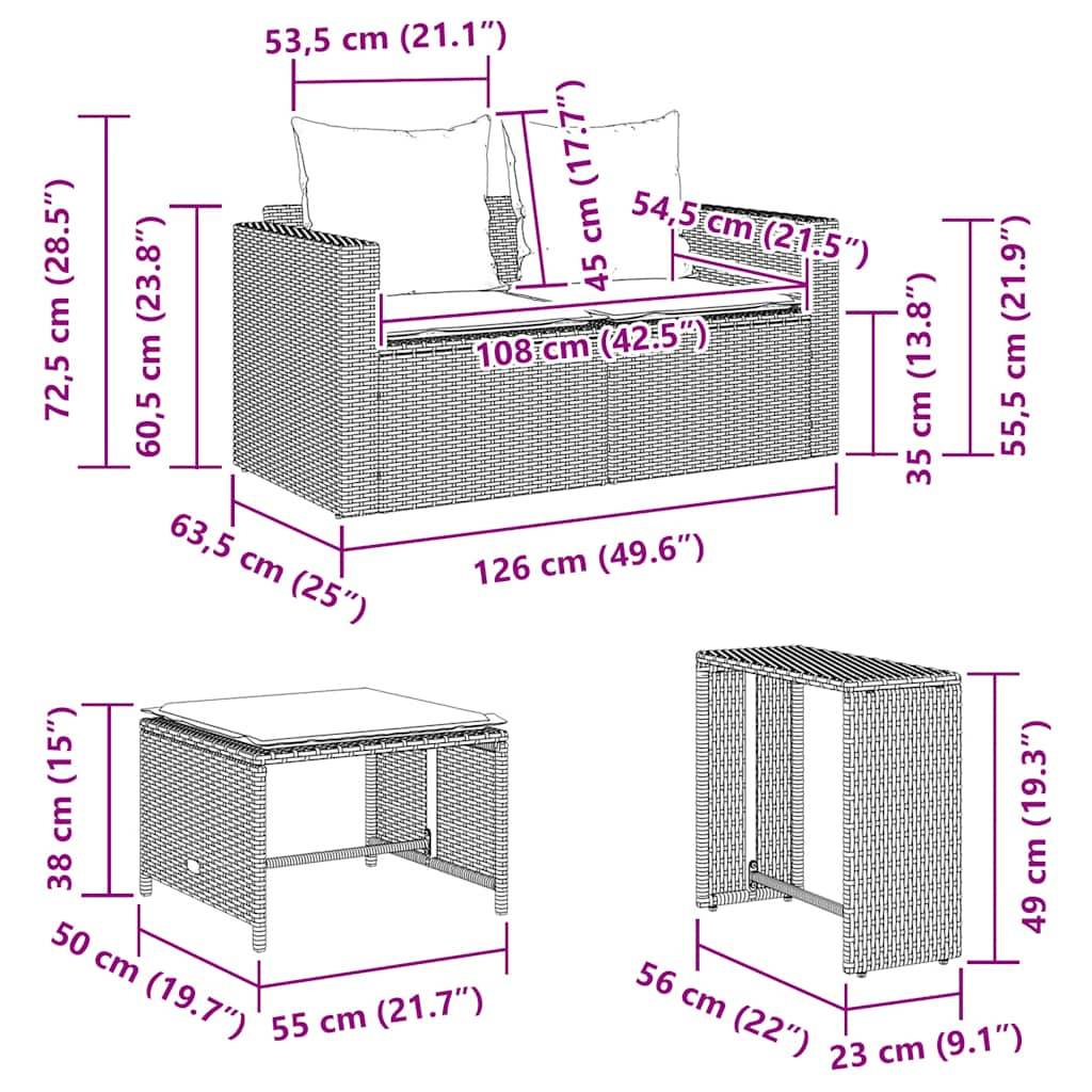 vidaXL 5-tlg. Garten-Sofagarnitur Kissen Stapelbar Schwarz Poly Rattan