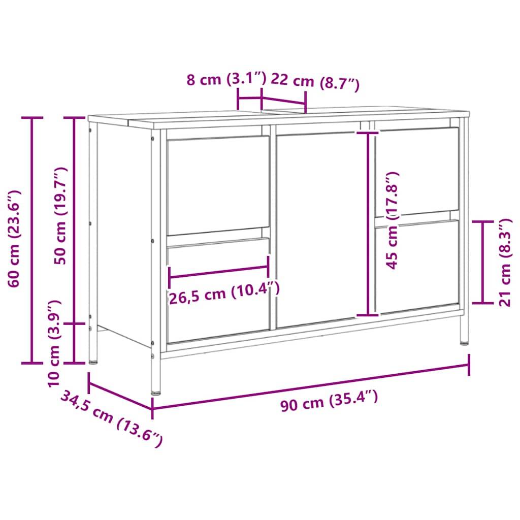 vidaXL Waschbeckenunterschrank mit Schubladen Grau Sonoma 90x34,5x60cm