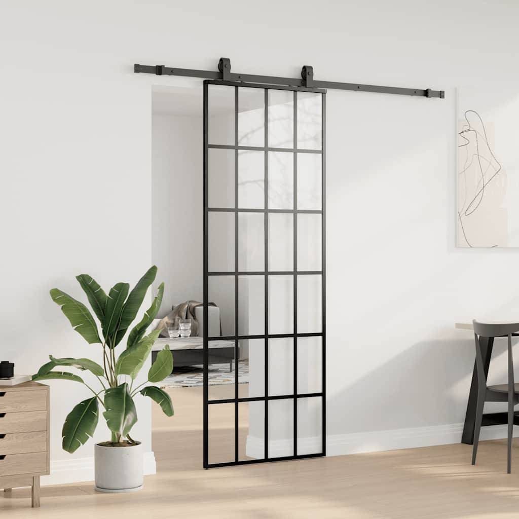 vidaXL Schiebetür mit Beschlag Schwarz 76x205 cm ESG-Glas