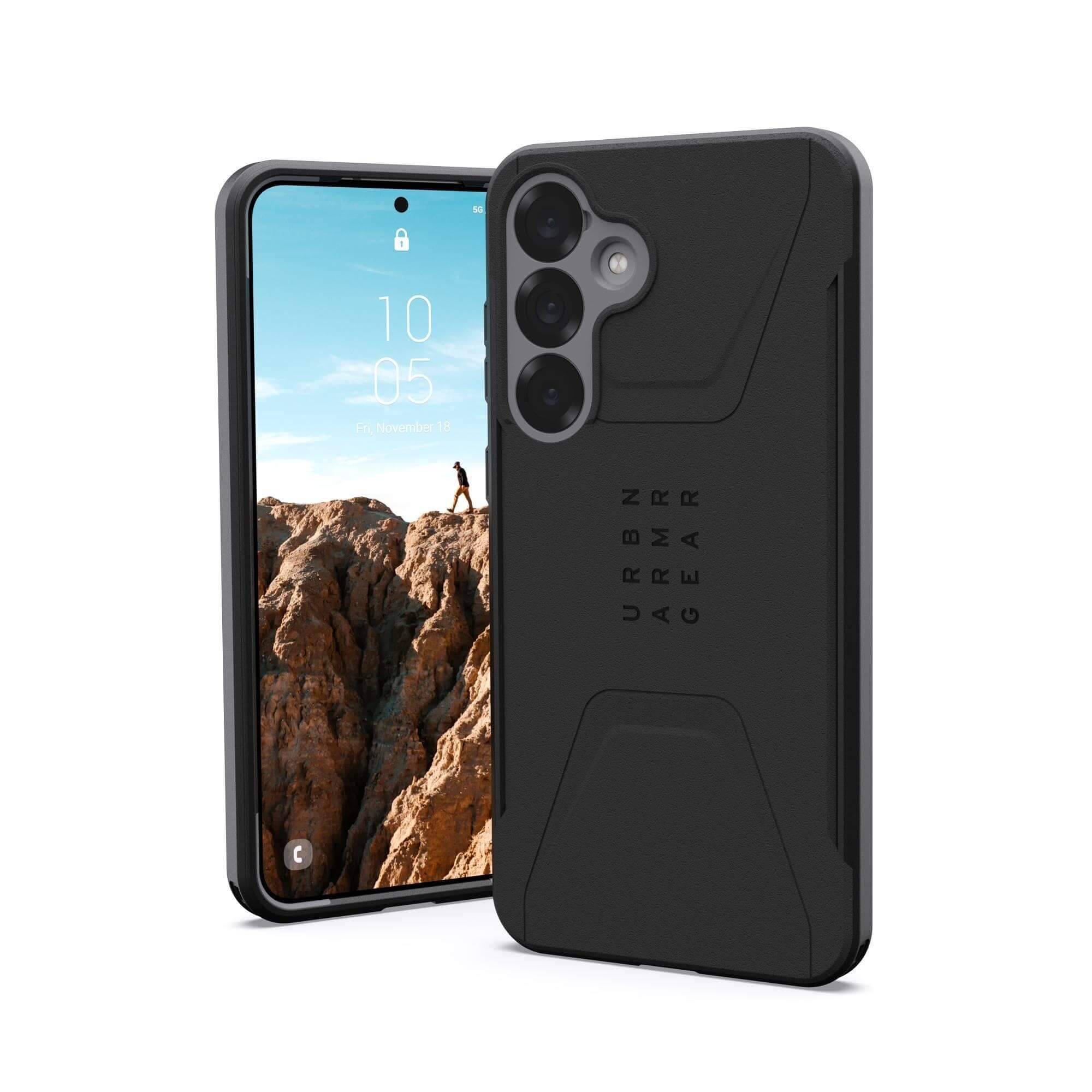 Ein Smartphone mit einer robusten schwarzen Schutzhülle mit drei Kameraobjektiven, neben einem entsprechenden abgedeckten Telefon gezeigt, das einen Kletterer auf seinem Bildschirm anzeigt.