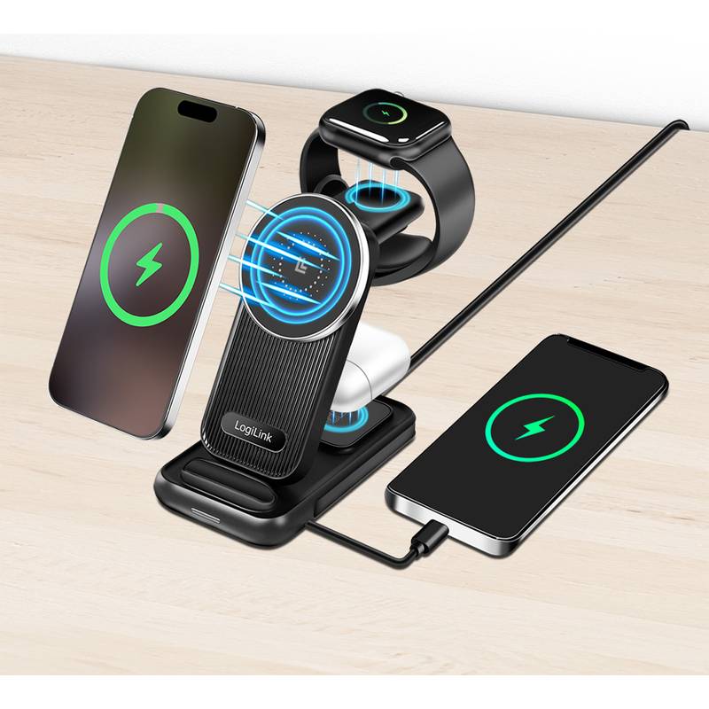 Eine Multi-Gerät-Wireless-Charging-Station lädt zwei Smartphones und eine Smartwatch gleichzeitig, gekennzeichnet durch grüne Ladesimuole.