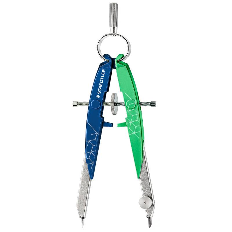 Ein Zirkel mit Metallbeinen und einem Griff, ausgestattet mit blauen und grünen Kunststoffgriffen. Wird zum Zeichnen von Kreisen in Mathematik und technischem Zeichnen verwendet.