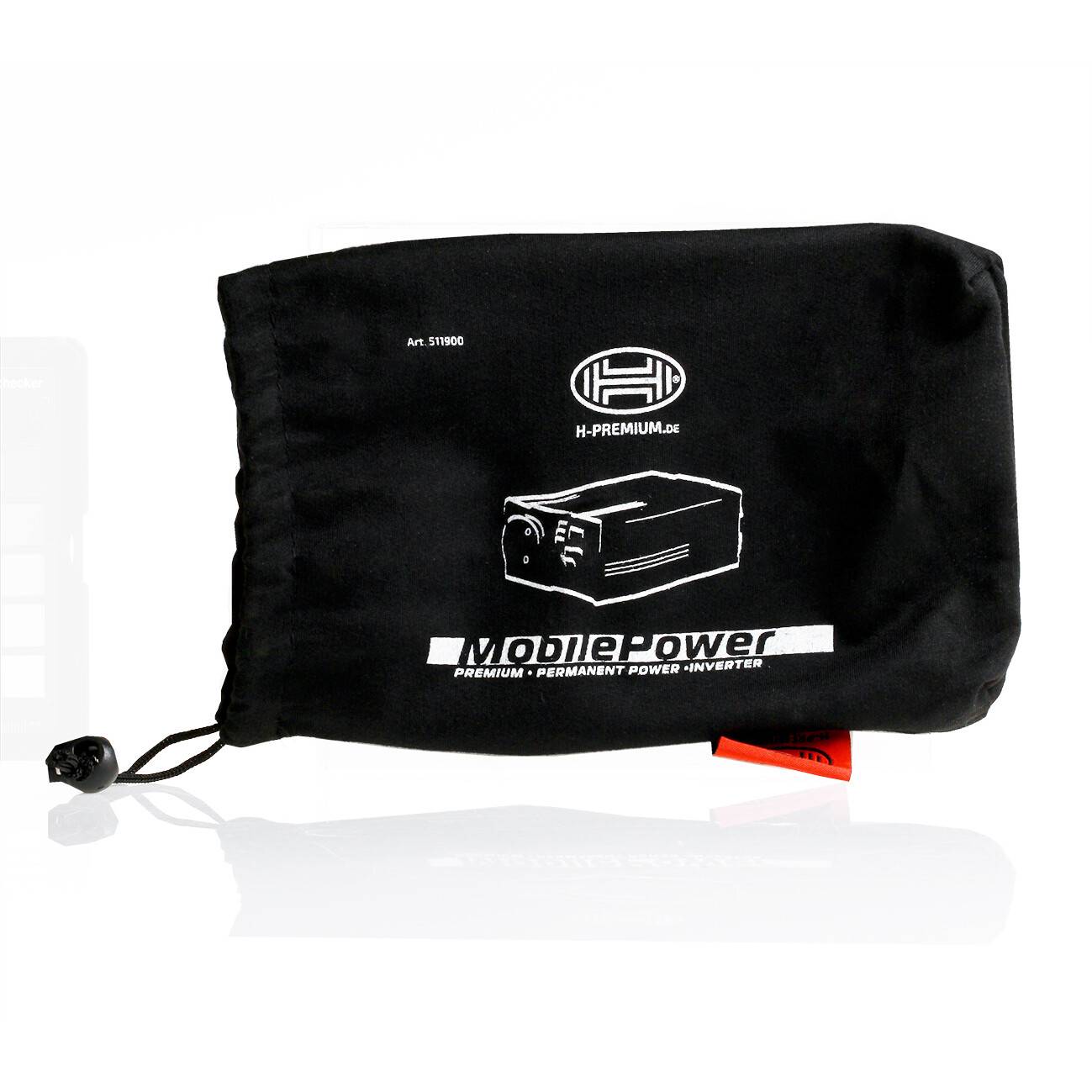 Eine schwarze Kordelzugtasche mit der Aufschrift „H-PREMIUM Model Power