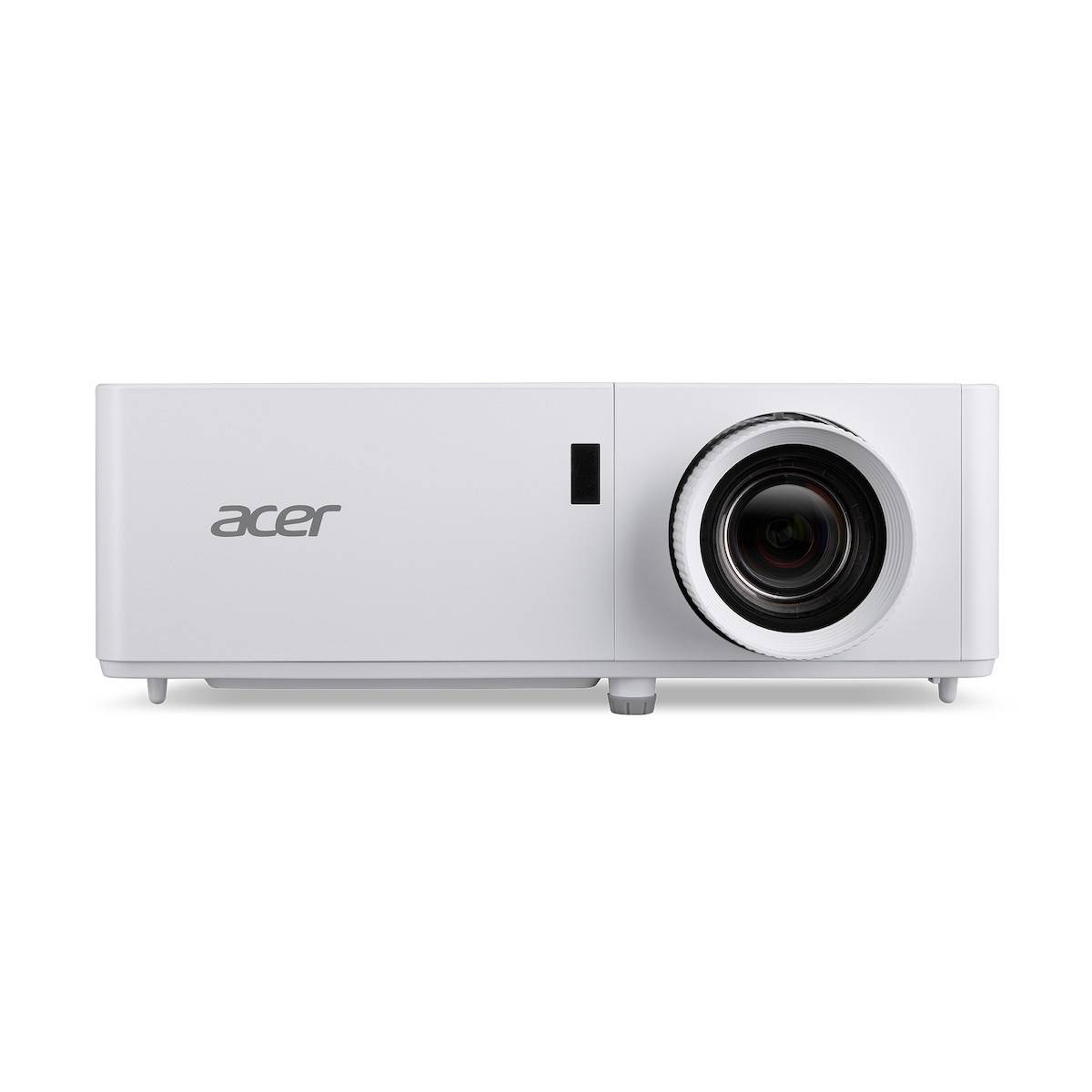 Ein weißer Acer-Projektor mit großem Objektiv auf der rechten Seite, konzipiert für Präsentationen und Heimkino-Nutzung, von vorne gezeigt.