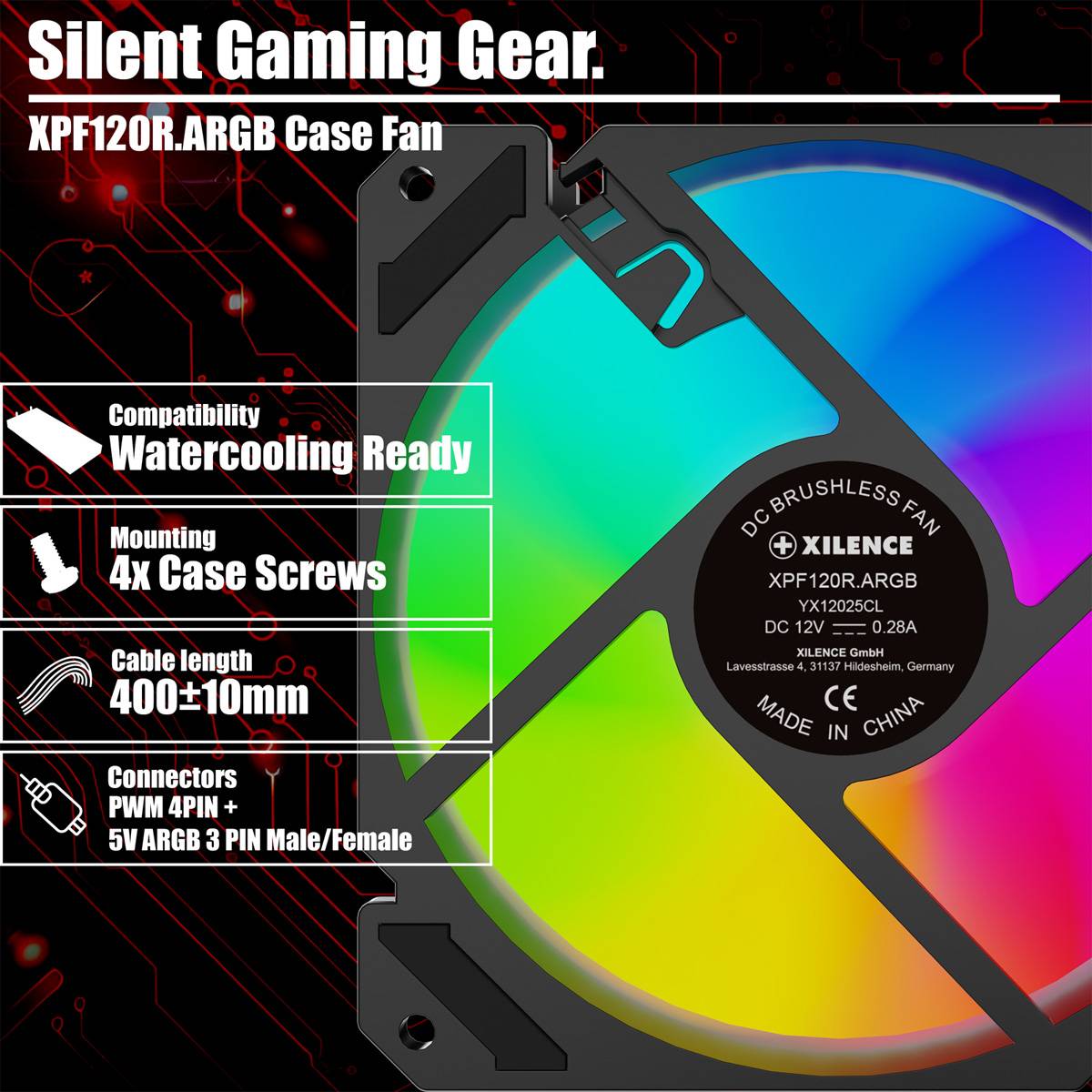 Ein mehrfarbiger Computerlüfter mit der Bezeichnung 