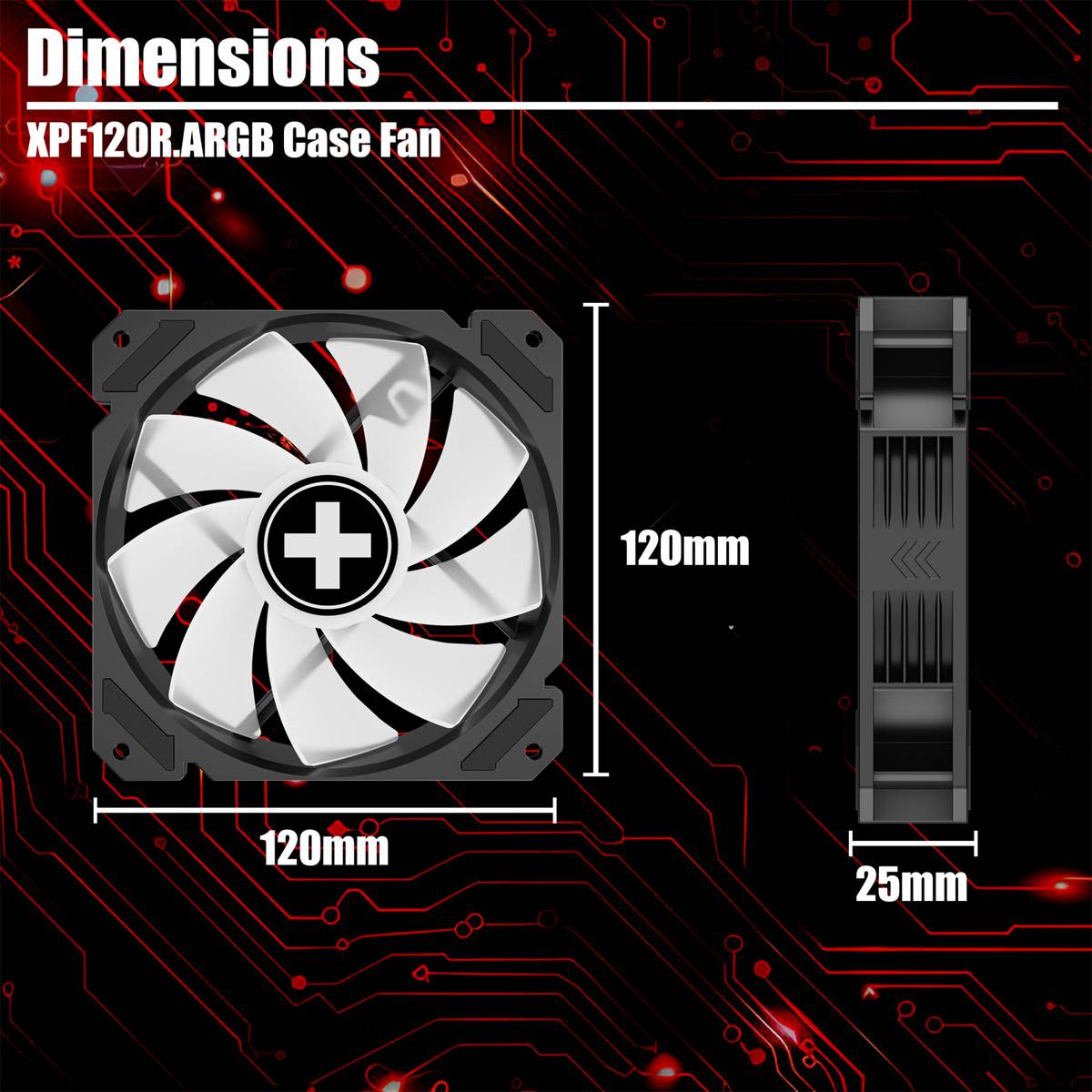 Abmessungen: XPF120R ARGB Gehäuselüfter, 120mm x 120mm x 25mm