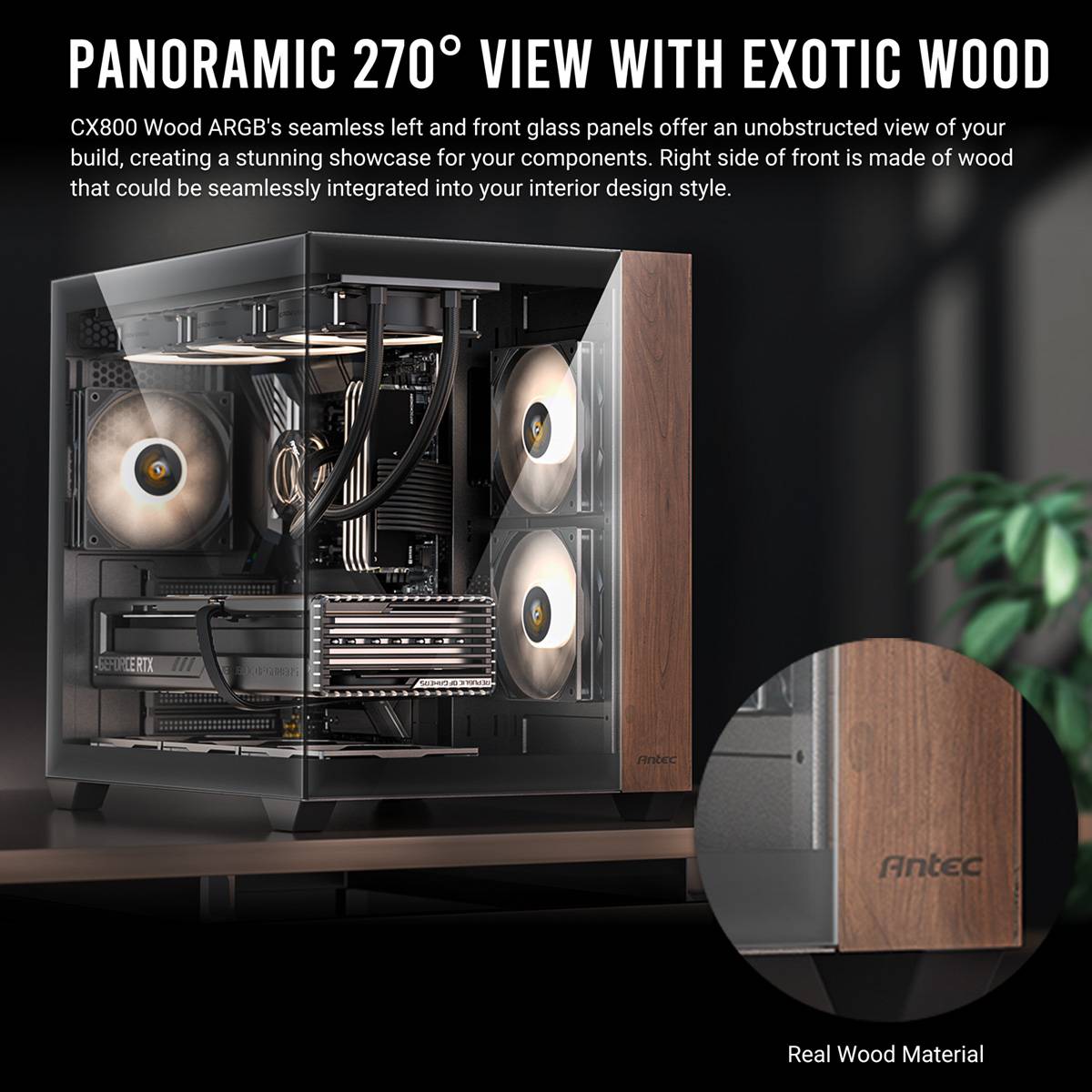 Ein Computergehäuse mit Glaspanel zeigt die internen Komponenten. Der Text hebt eine 270-Grad-Ansicht und exotisches Holzmaterial hervor.