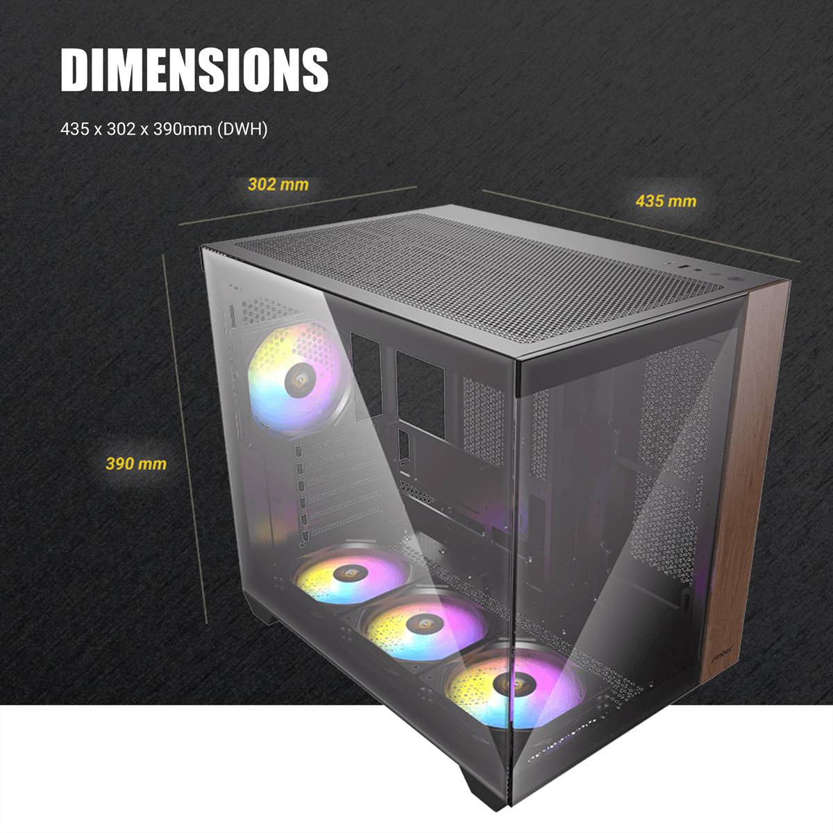 Ein Computergehäuse mit hochdurchlässiger Frontblende ist mit Lüftern mit RGB-Beleuchtung ausgestattet und betont optimierte Belüftung für stabile Systemleistung.