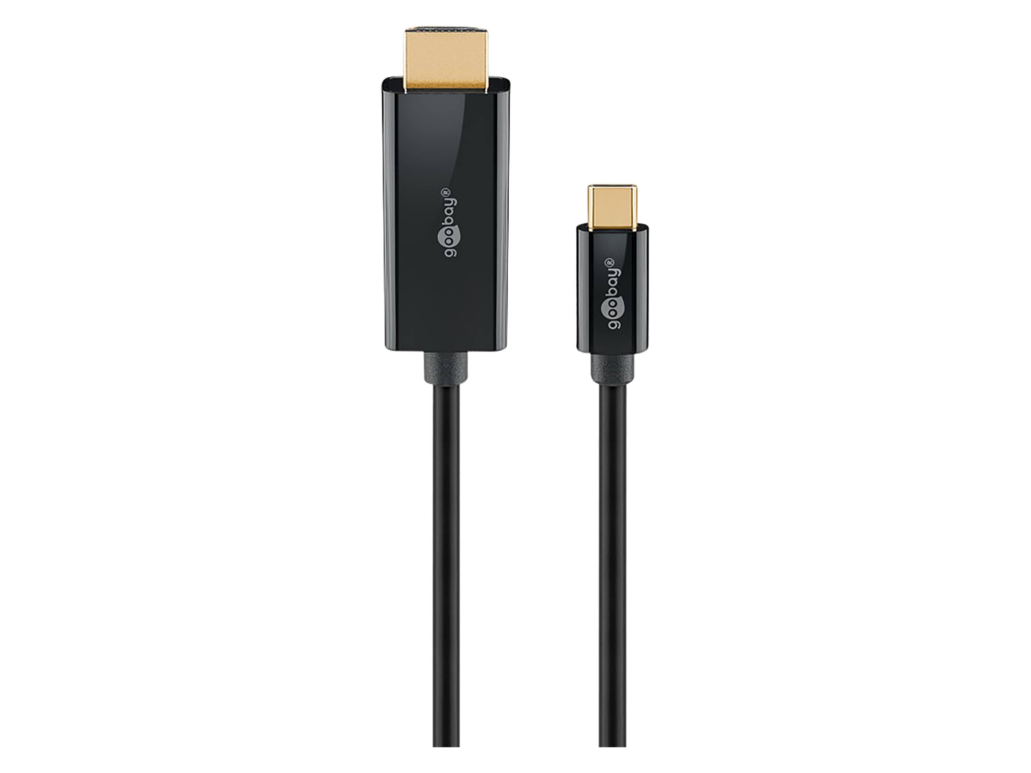 Ein schwarzes Kabel mit HDMI- und USB-C-Anschlüssen, mit dem Label „Alogic