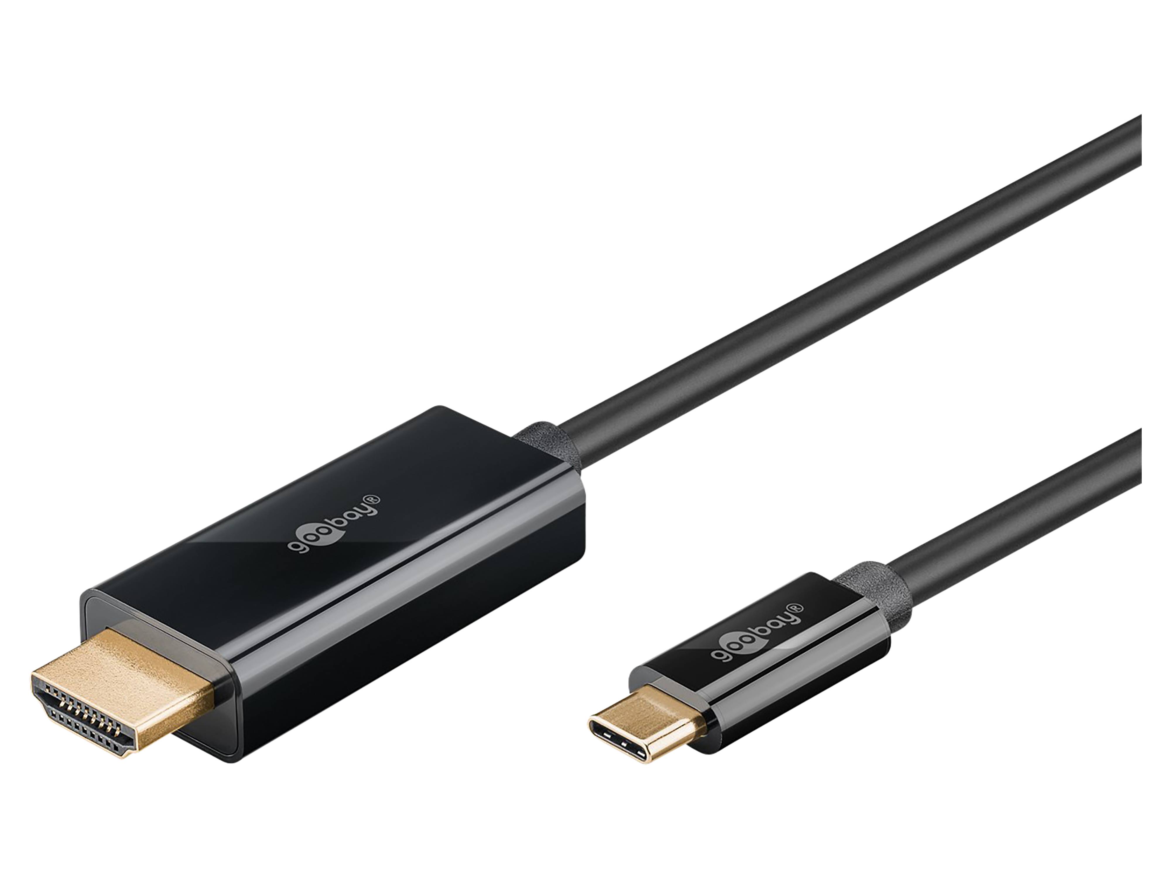 Ein schwarzes HDMI-auf-USB-C-Kabel mit der Marke "goobay"", das beide Anschlüsse zeigt.