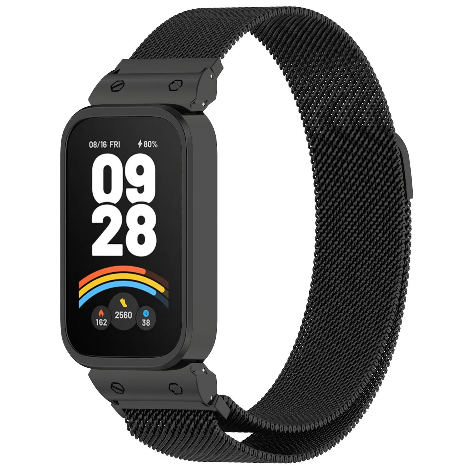 Für Xiaomi Smart Band 9 Active / Redmi Band 3 Milanese Edelstahl Armband mit Gehäuse Schwarz