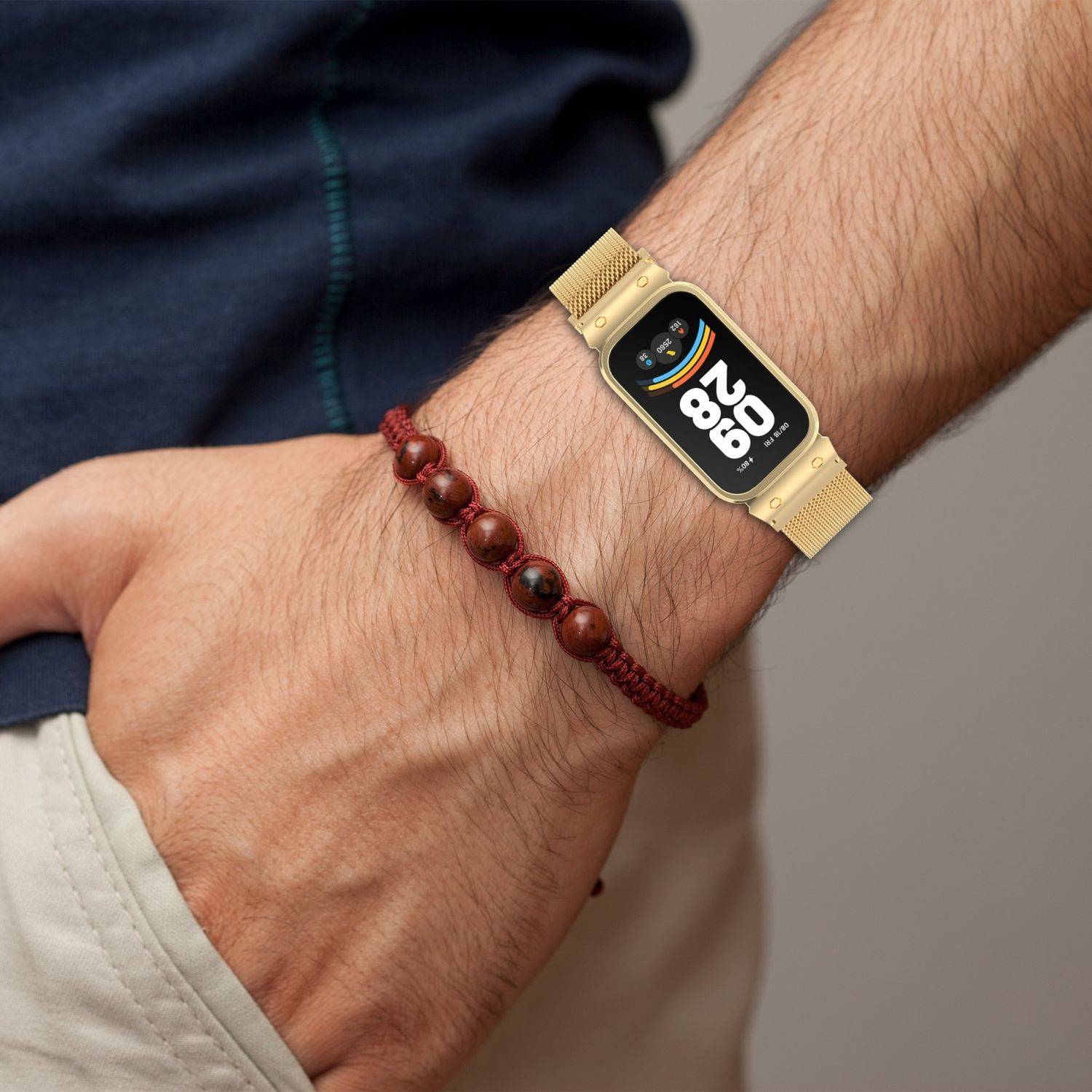 Für Xiaomi Smart Band 9 Active / Redmi Band 3 Milanese Edelstahl Armband mit Gehäuse Gold