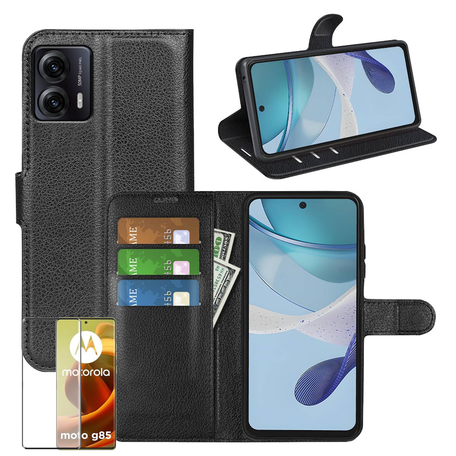 Für Motorola Moto G85 5G Handy Tasche Schwarz Etuis Kunst-Leder Hülle Case + 4D Curved H9 Hart Glas