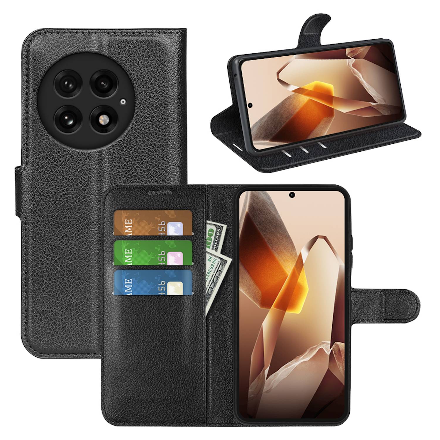 Für OnePlus 13R Kunstleder Smart Book Wallet Schutz Tasche Hülle Case Cover Schwarz