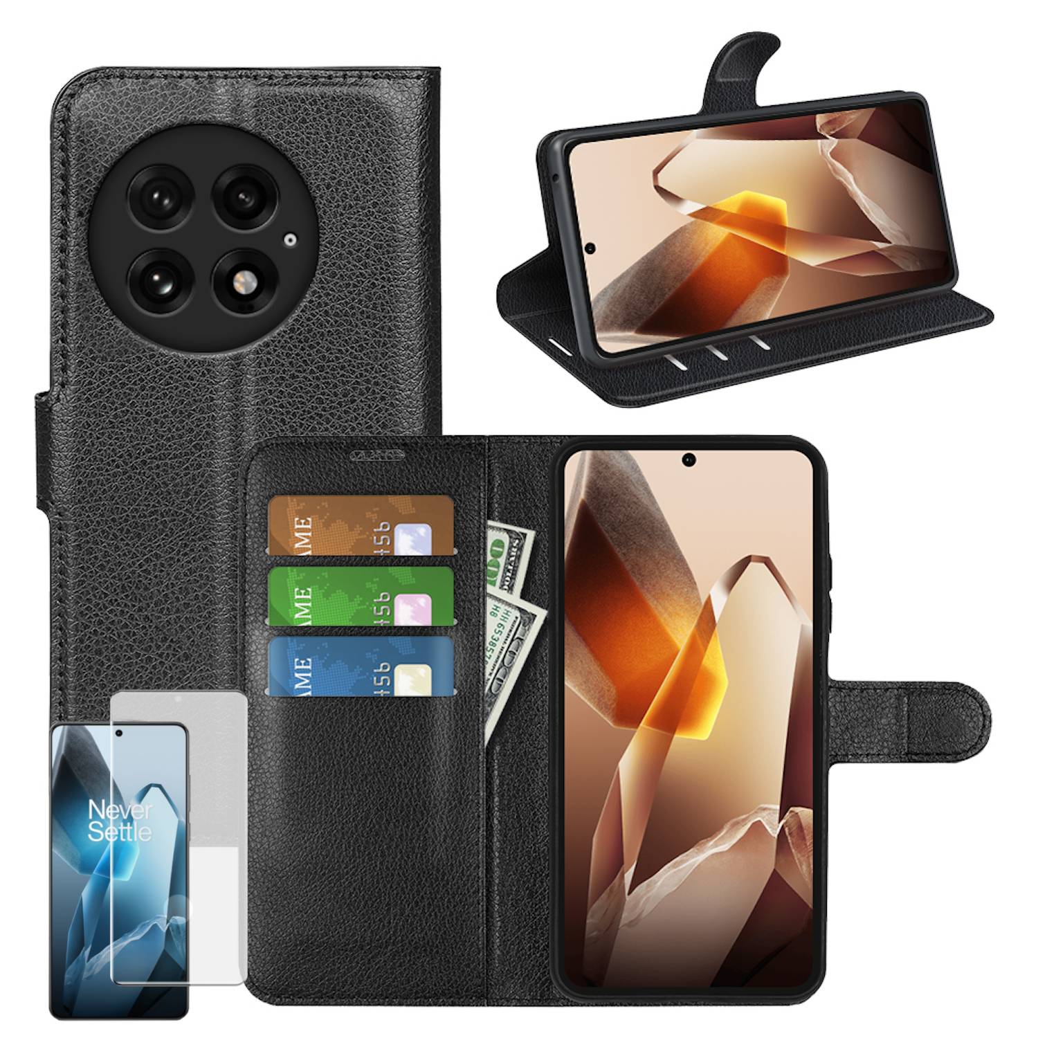 Für OnePlus 13 Handy Tasche Schwarz Etuis Kunst-Leder Hülle Case + 4D Curved H9 Hart Glas