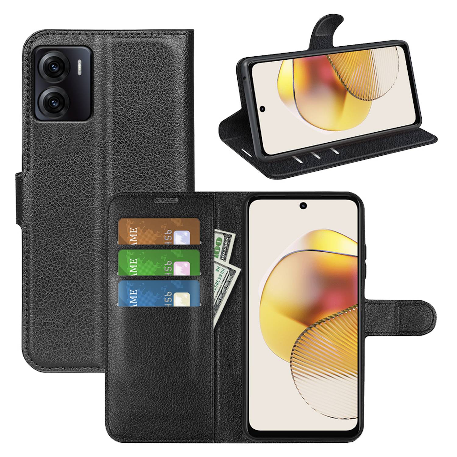 Für Motorola Moto E15 / Moto G05 Kunstleder Smart Book Wallet Schutz Tasche Hülle Case Cover Schwarz