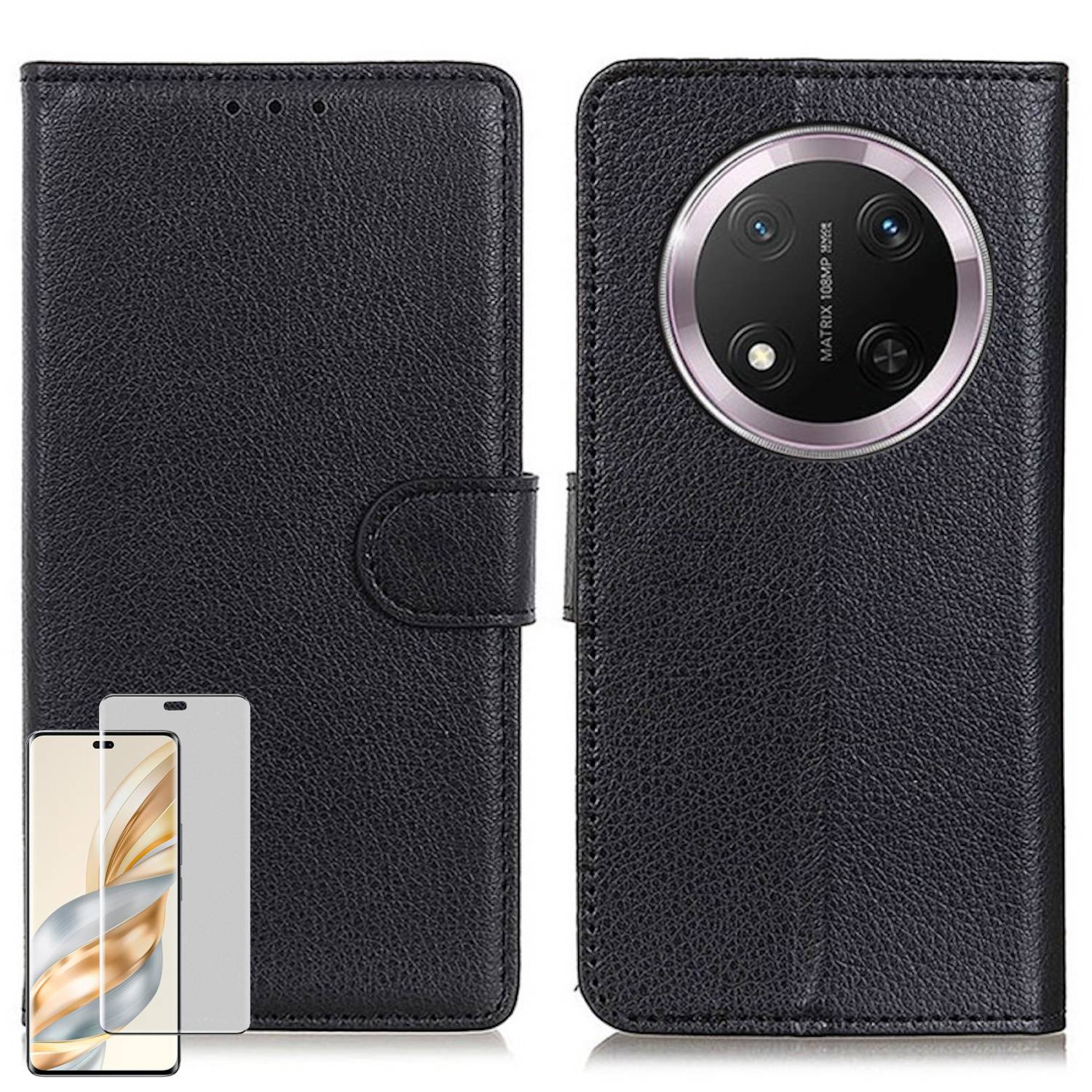 Für Honor Magic 7 Lite / X9c Handy Tasche Schwarz Etuis Kunst-Leder Hülle Case + 4D Curved H9 Hart Glas