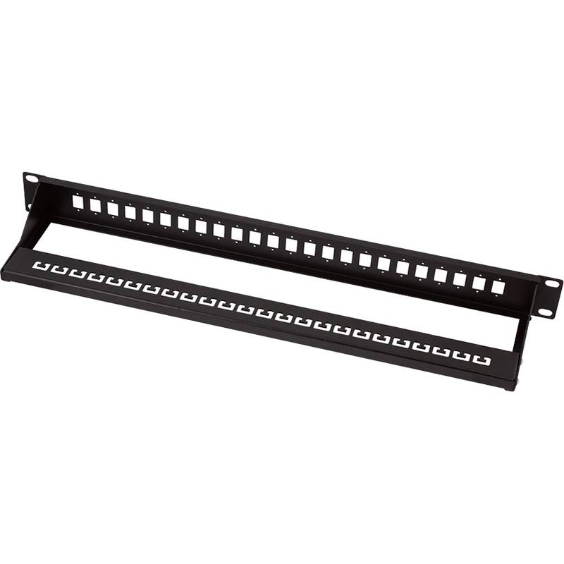 Ein schwarzes, leeres 24-Port-Patchpanel, das zur Organisation und Verwaltung von Ethernet-Kabeln in einem Netzwerkschrank konzipiert ist.