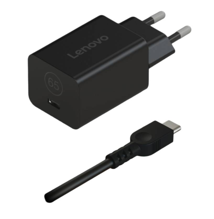 Schwarzes Lenovo 65W USB-C-Wandladegerät mit abnehmbarem USB-C-Kabel auf weißem Hintergrund gezeigt.