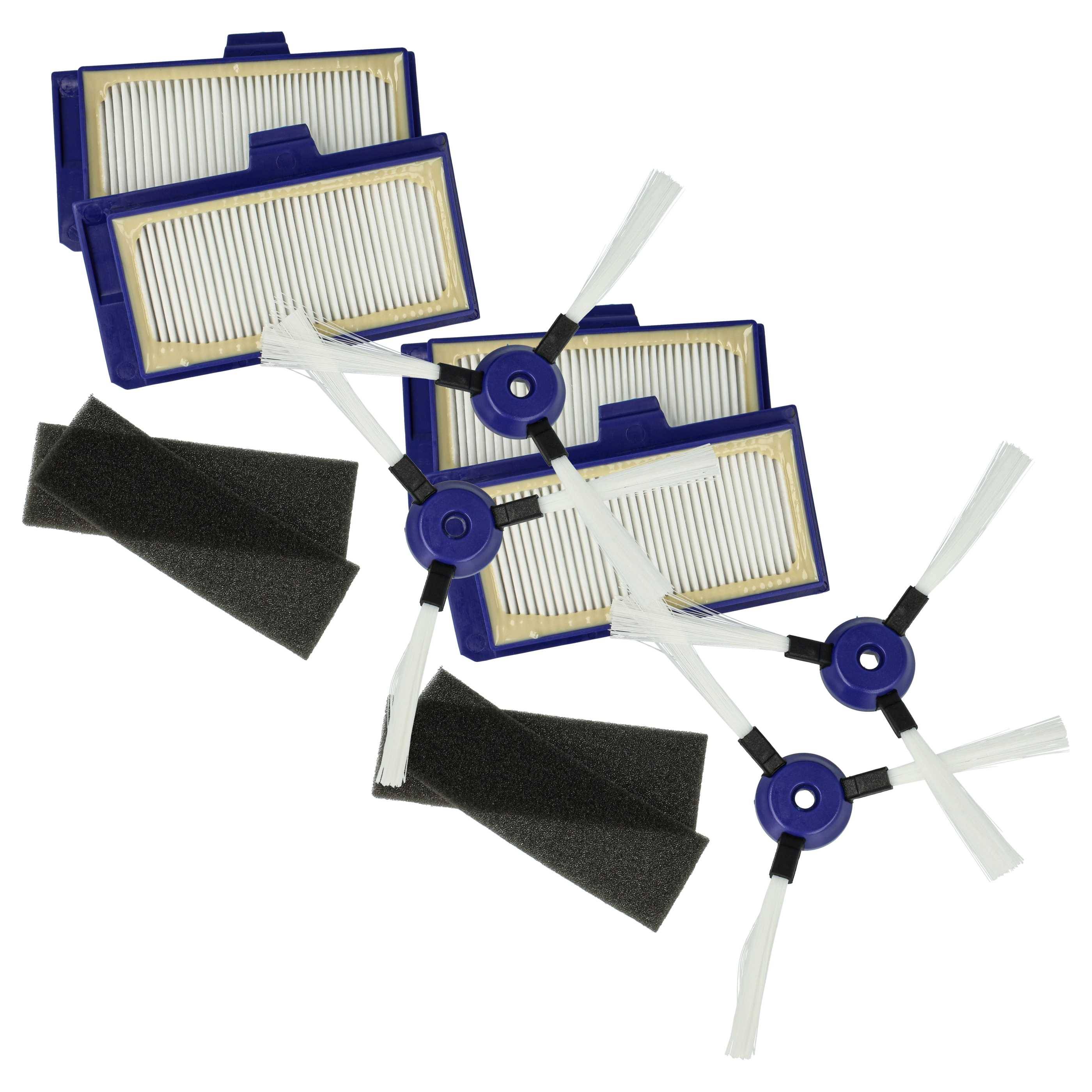 Reinigungsset mit drei blauen Filtern, zwei schwarzen Schaumschwämmen und vier weißen Seitenbürsten mit Borsten, verwendet für einen Roboterstaubsauger.