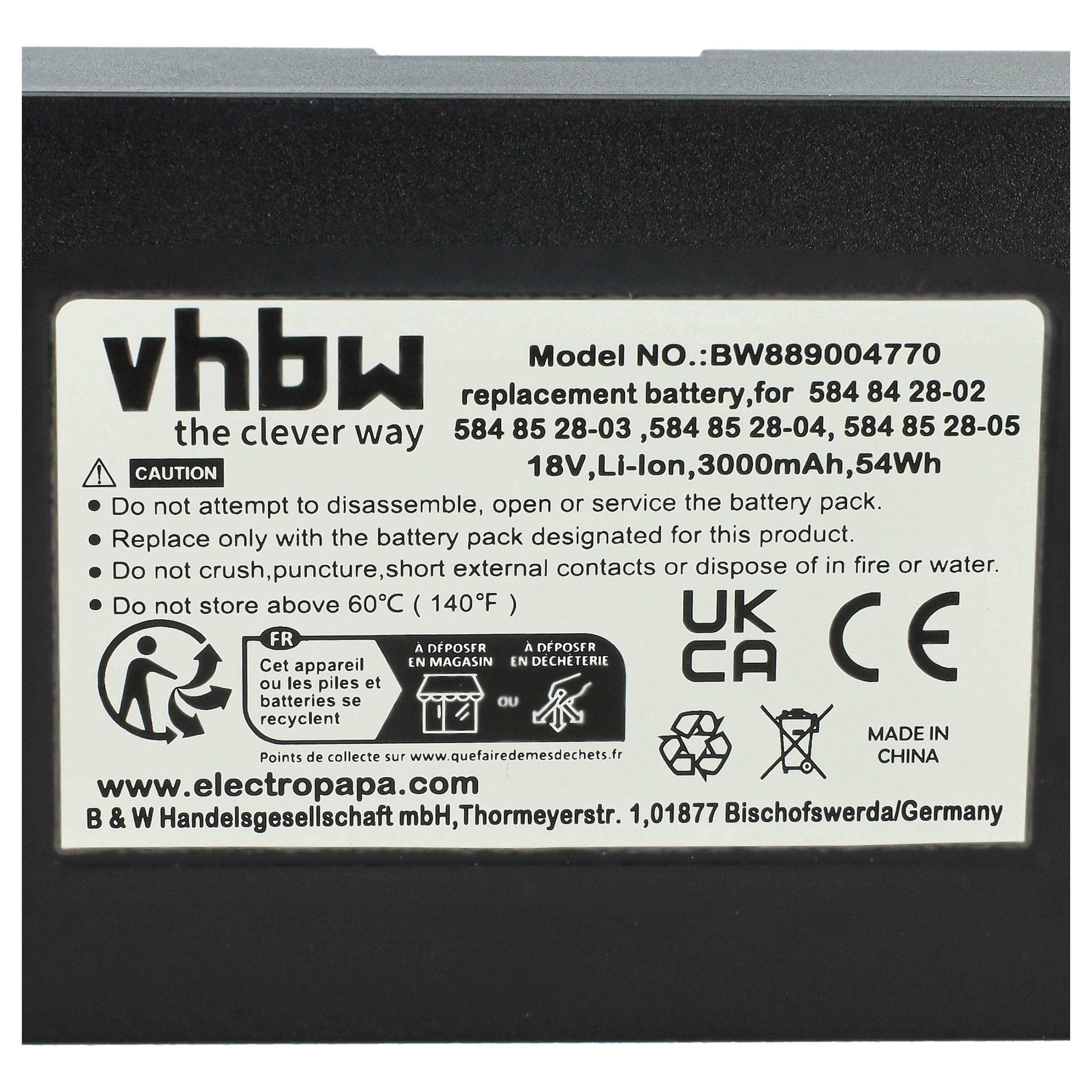 vhbw Akku Ersatz für McCulloch 5932472-01, 593 24 72-01 für Rasenroboter (3Ah, 18V, Li-Ion)