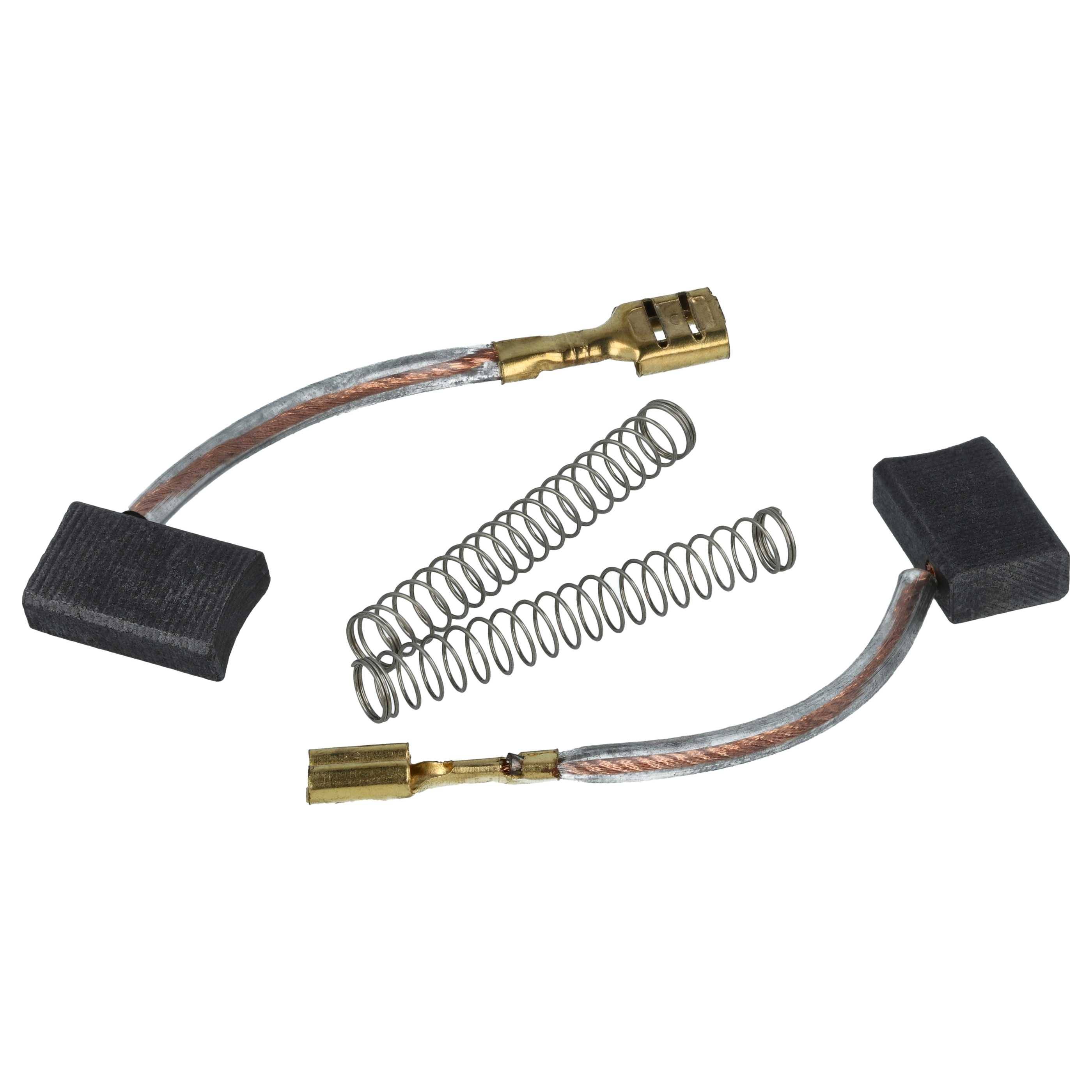 Zwei Kohlebürsten mit angebrachten Kupferdrähten und Metallfedern, die zur Stromleitung in Motoren oder Generatoren verwendet werden.