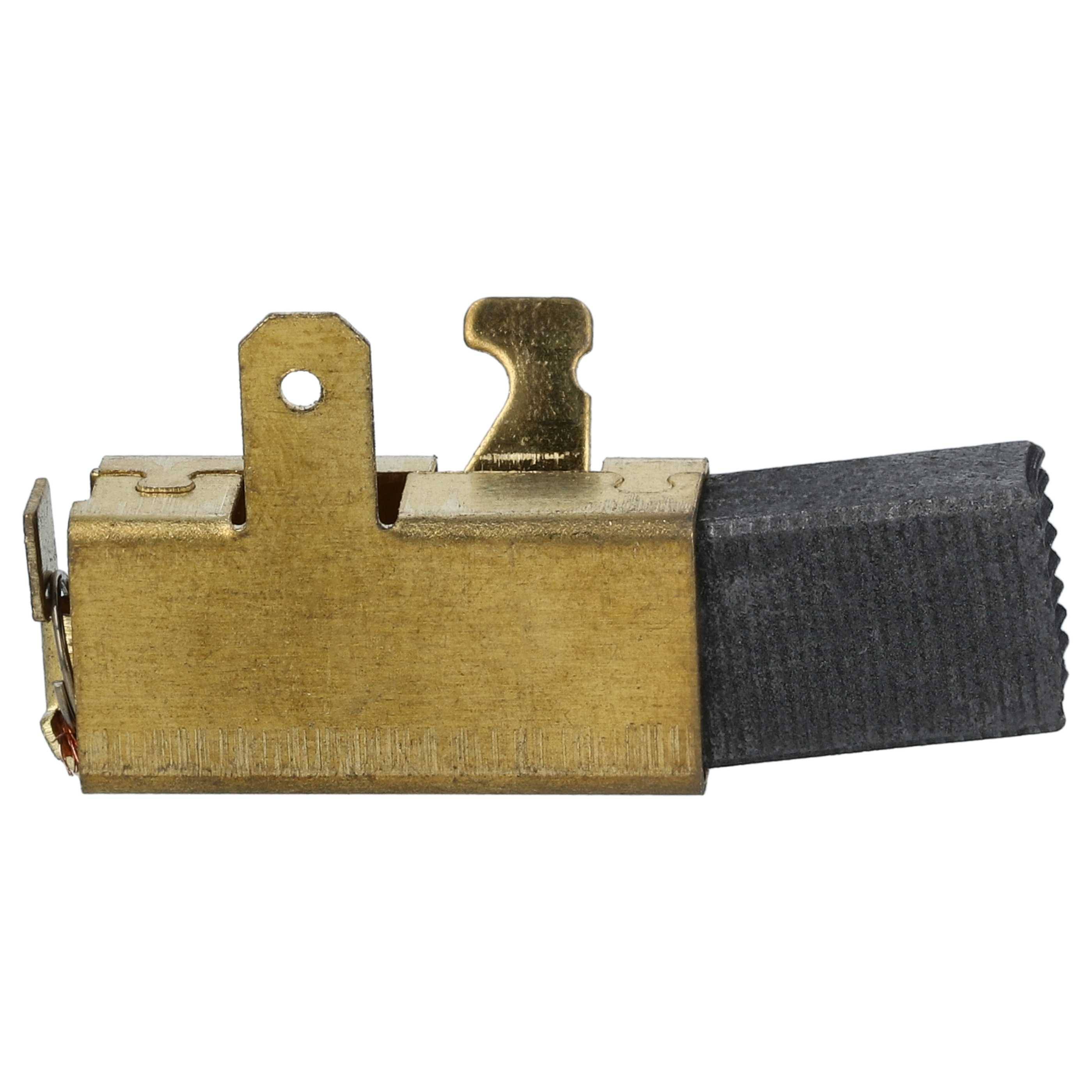 Eine goldfarbene elektrische Kohlebürste mit einem Metallstecker an einem Ende und einem strukturierten, dunklen rechteckigen Block am anderen Ende.