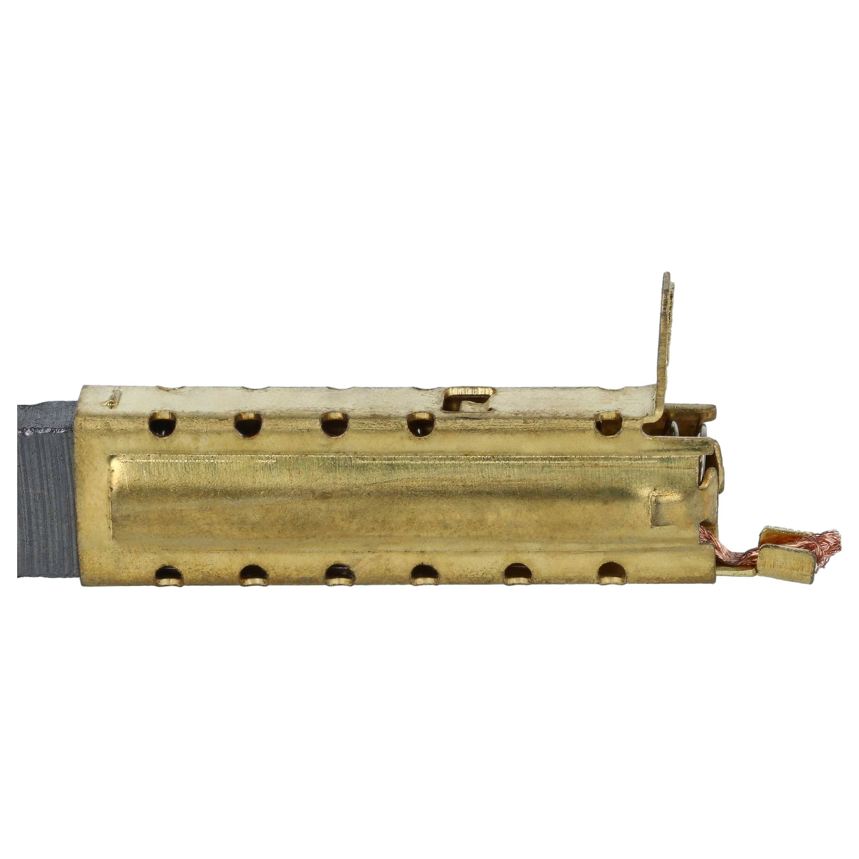 Ein kleines rechteckiges Metallbauteil, wahrscheinlich Teil eines elektronischen Geräts, mit mehreren kleinen Löchern und einem vorstehenden Draht an einem Ende.
