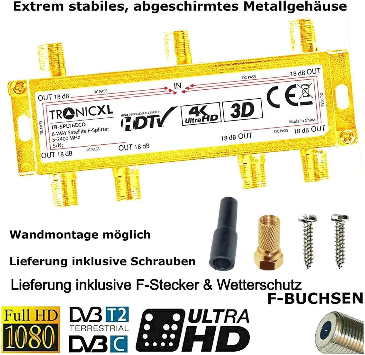 6fach Sat Verteiler + F-Stecker + Wetterschutz SAT-Stecker Stecker Antennenkabelverteiler TV Kabel Antennenverteiler