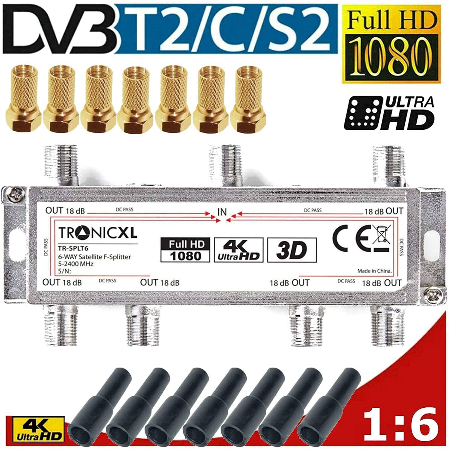 6-Fach Sat Splitter + Wetterschutz + F-Stecker Verteiler Antennenverteiler Antennenkabelverteiler Weiche DVBT DVBT2 DVBC