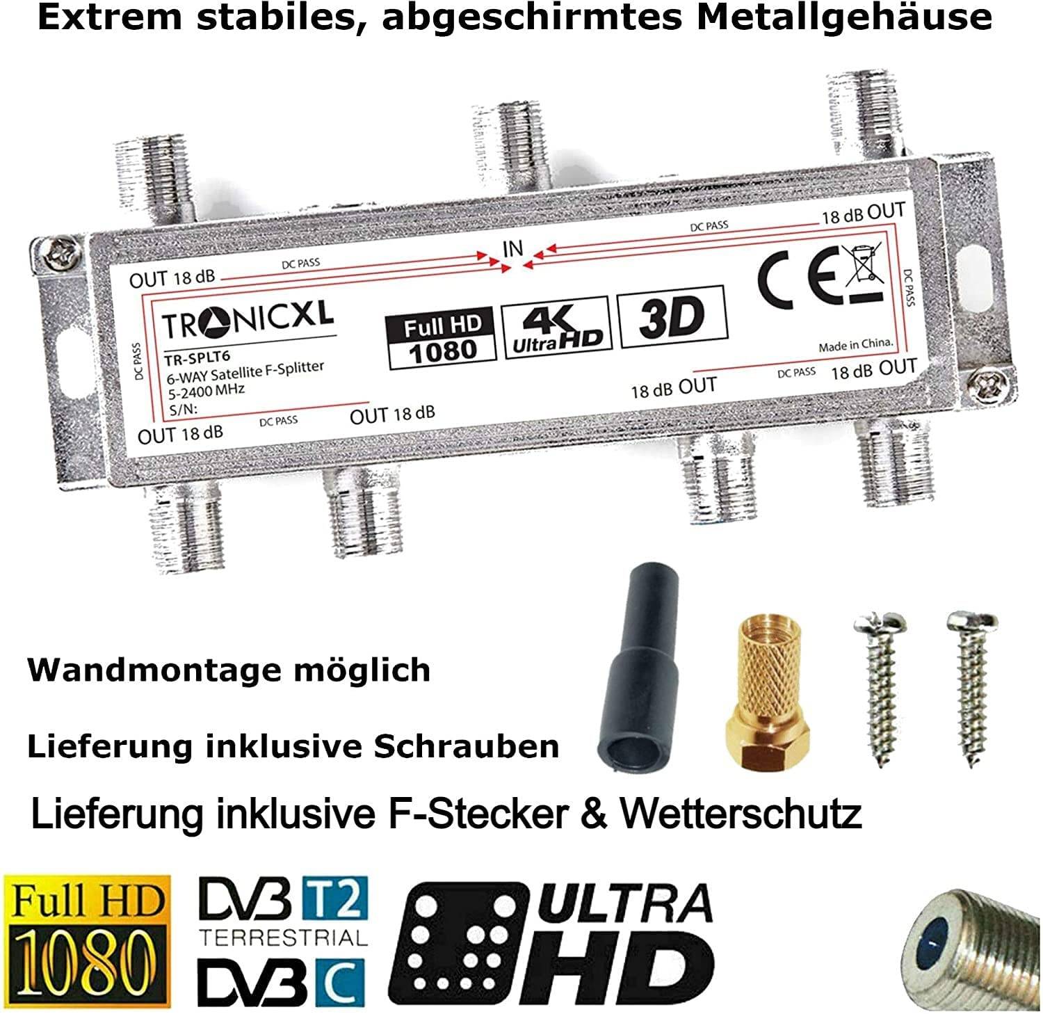 6-Fach Sat Splitter + Wetterschutz + F-Stecker Verteiler Antennenverteiler Antennenkabelverteiler Weiche DVBT DVBT2 DVBC