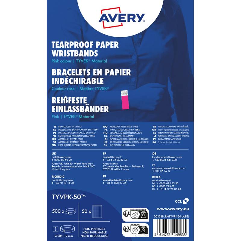 Verpackung von 'Avery' reißfesten Papierarmbändern in Pink, hergestellt aus TYVEK-Material. Enthält Produktdetails, Gebrauchsanweisungen und Codes.