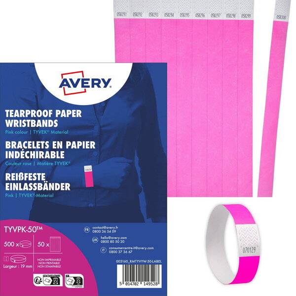 Avery robuste rosa Tyvek-Papierwristbands Verpackung mit einer Rolle leuchtend rosa Wristbands und Musterstreifen mit gedruckten Nummern.