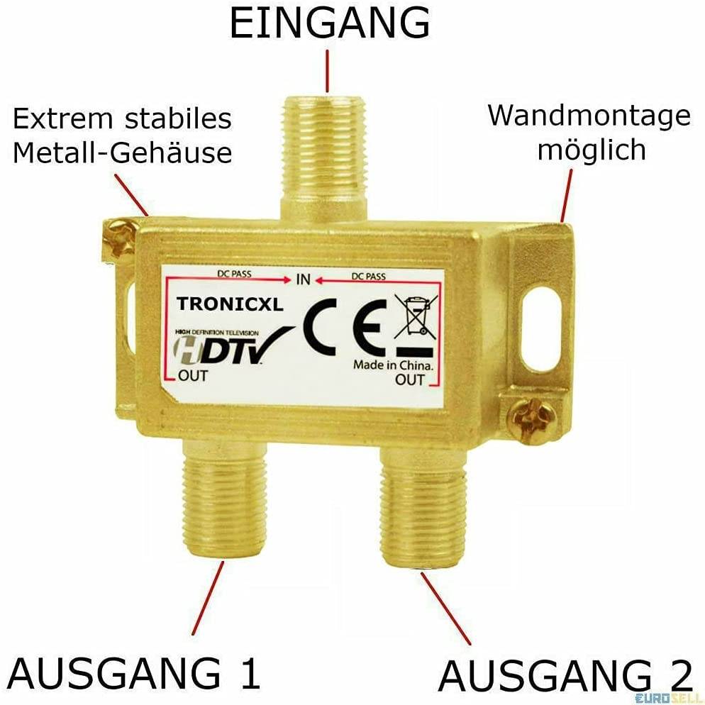 2-Fach Antennenverteiler Splitter Antennenkabelverteiler SAT-Verteiler Verteiler mit Sat Verstärker digital HD Satellit