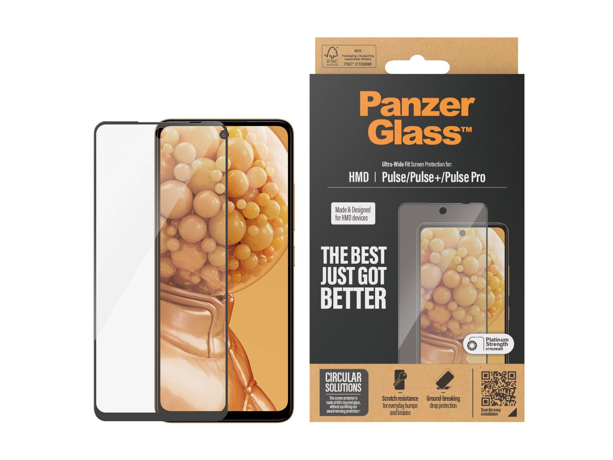 PanzerGlass-Displayschutz in der Verpackung neben einem Smartphone mit aufgesetztem Displayschutz. Text auf der Schachtel: ‚Das Beste wurde noch besser.