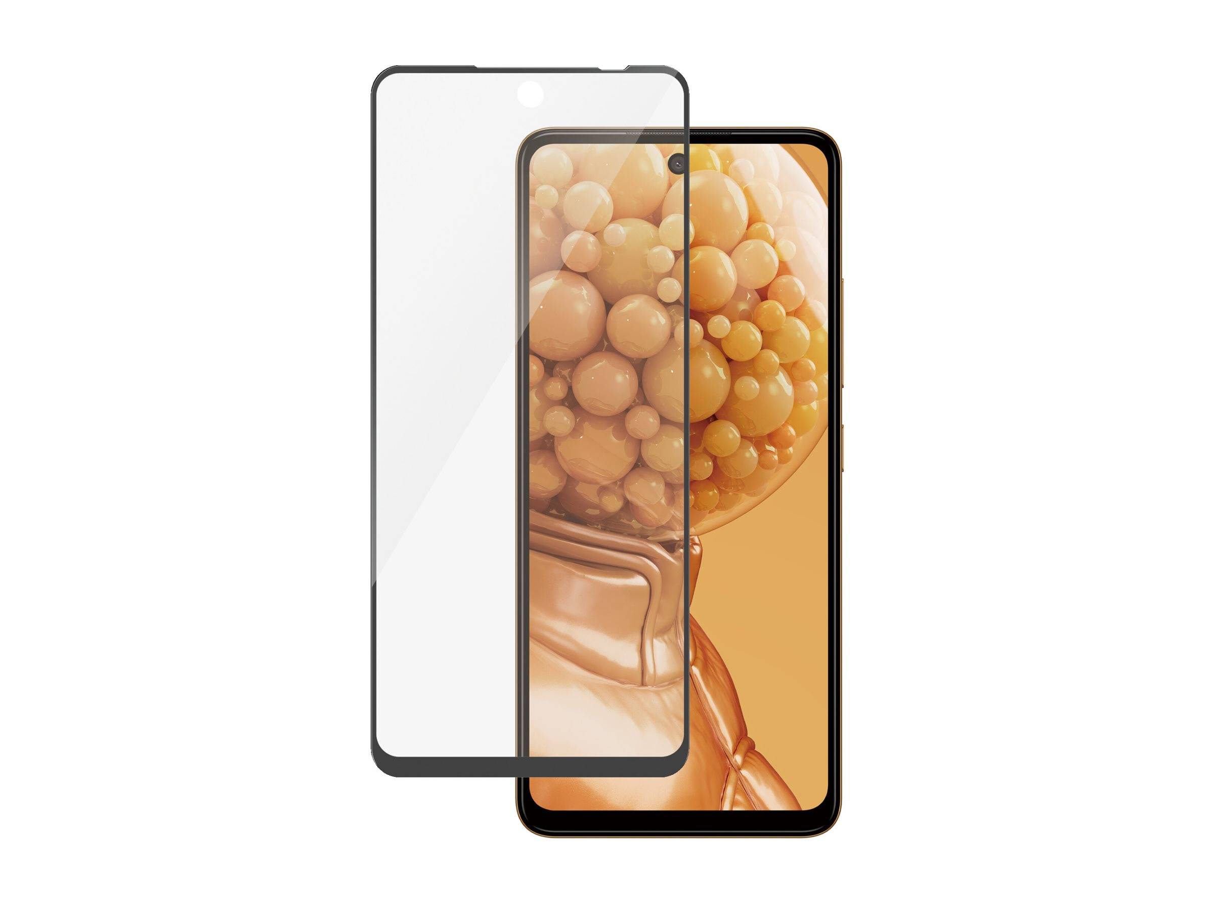 Ein Smartphone mit einem sichtbaren Displayschutz, der ein Design aus gruppierten Kugeln in Schattierungen von Orange und Braun auf dem Display zeigt.
