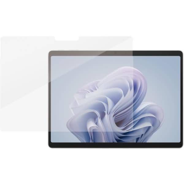 Ein Tablet- oder Laptop-Bildschirm, auf dem eine abstrakte blau-violette gefaltete Tapete angezeigt wird, teilweise überlagert von einer schwachen Silhouette eines zweiten Geräts.