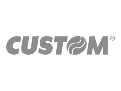 Graues "CUSTOM"" Wortmarken-Logo mit einer kreisförmigen Wirbelbewegung im O und einem eingetragenen Markenzeichen.