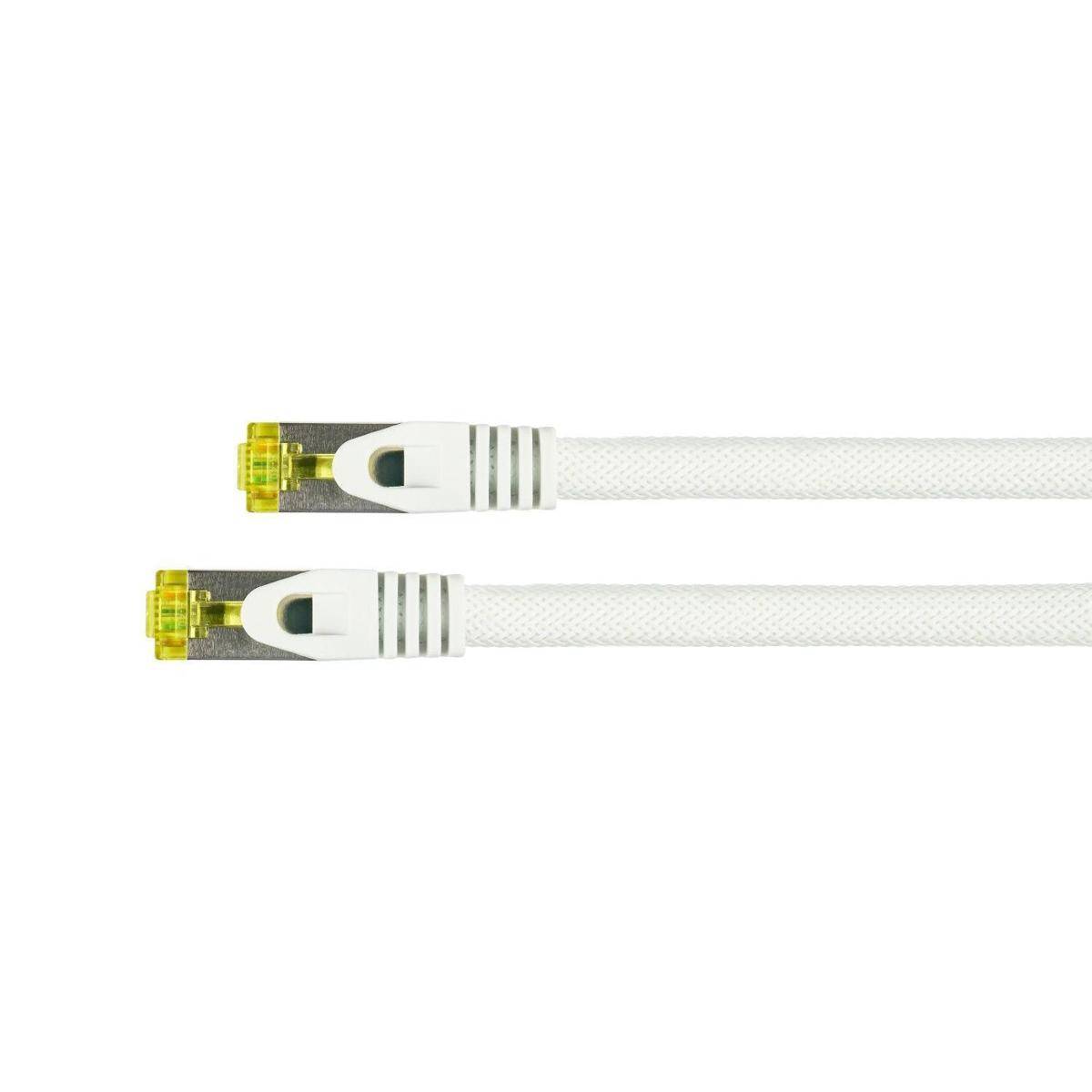Ein flaches, weißes Ethernet-Kabel mit gelben Steckern an beiden Enden, das für Netzwerkverbindungen verwendet wird.