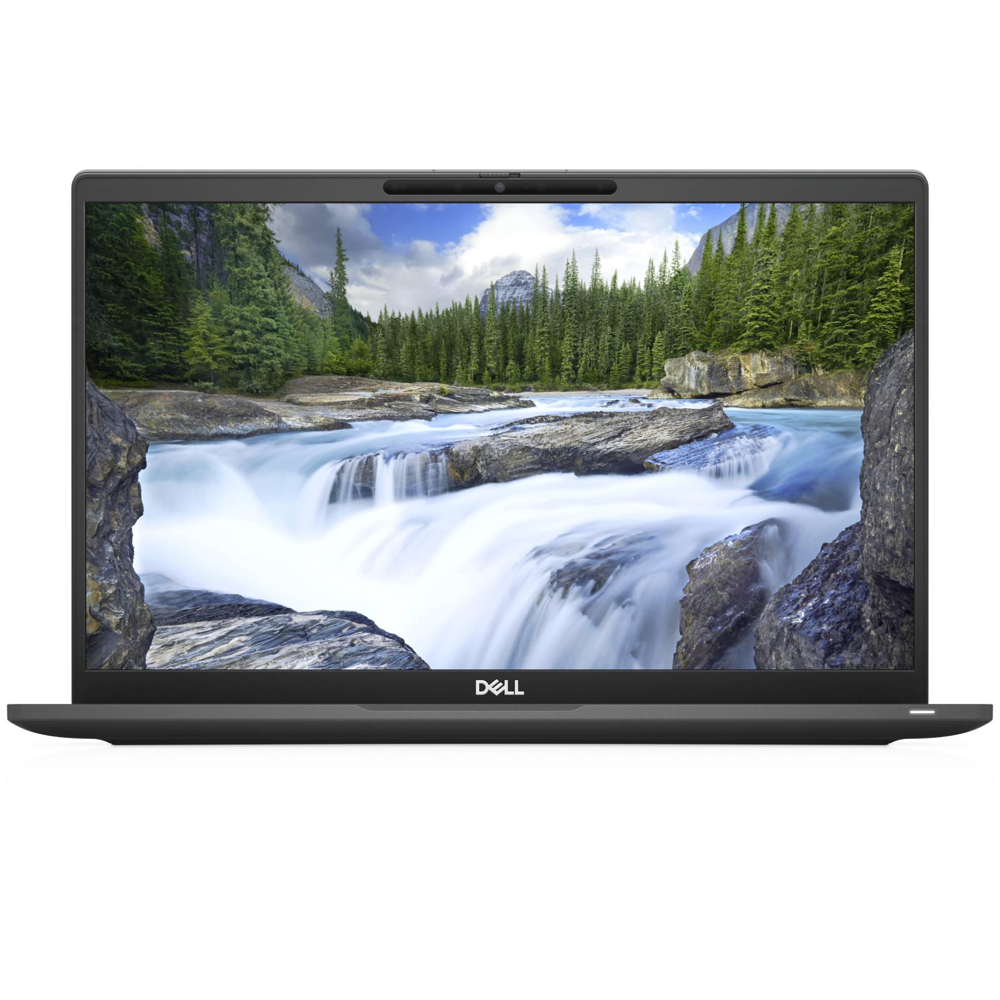 Schwarzer Dell-Laptop geöffnet, zeigt ein Szenenfoto eines Fluss-Wasserfalls in einer bewaldeten Berglandschaft.