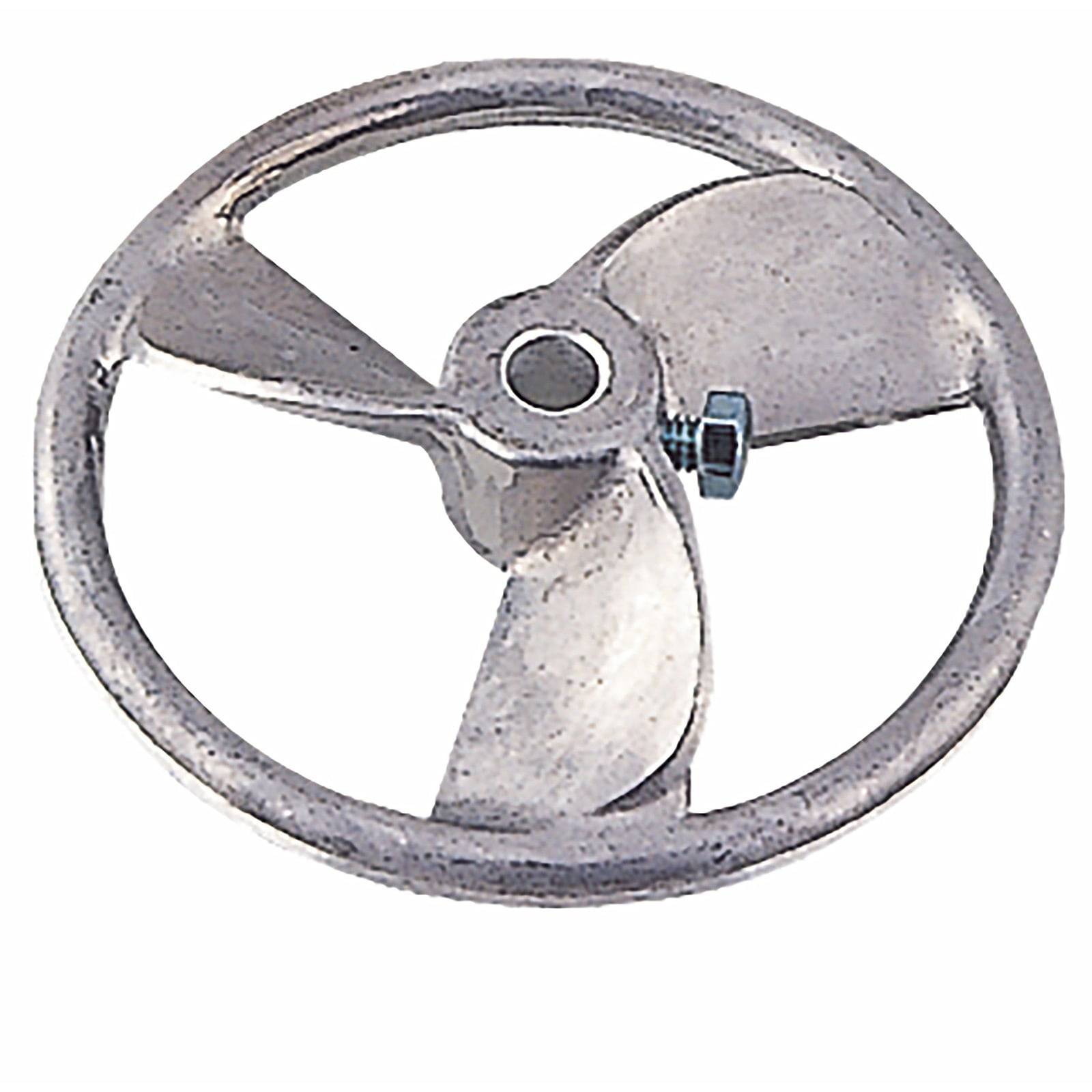 Eine metallene Schiffsschraube mit drei Flügeln, mit einer zentralen Mutter und Schraube, für den Schiffsantrieb konzipiert, aus der Draufsicht dargestellt.