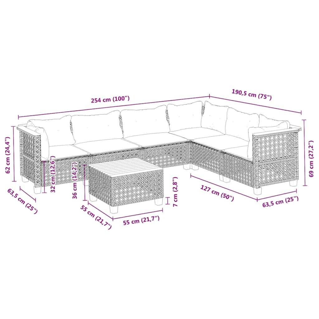 vidaXL 7-tlg. Garten-Sofagarnitur mit Kissen Beige Poly Rattan
