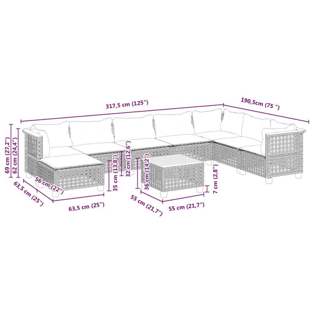 vidaXL 9-tlg. Garten-Sofagarnitur mit Kissen Beige Poly Rattan