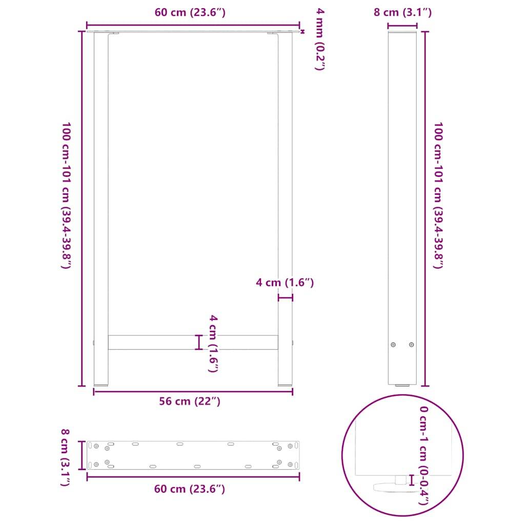 vidaXL Bartischbeine Naturstahl 2 Stk. 60x(100-101) cm Stahl