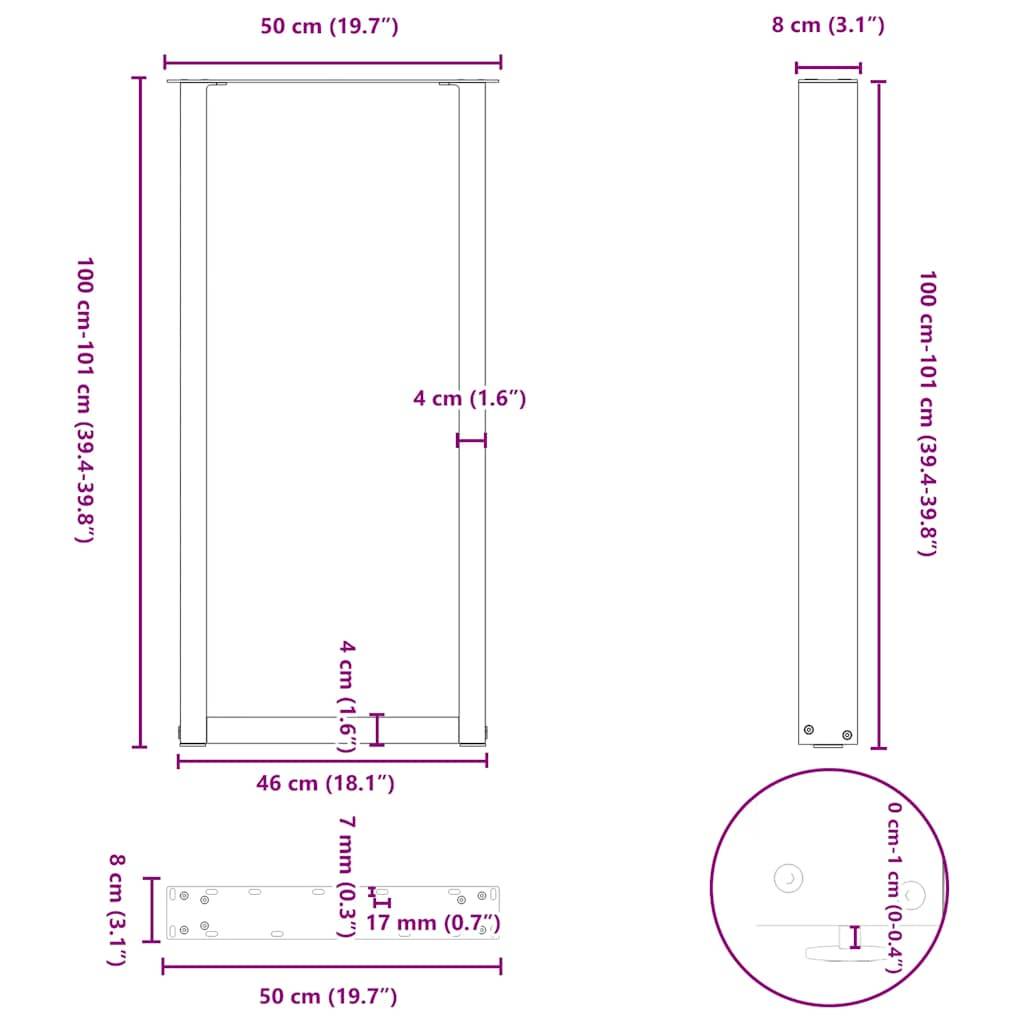 vidaXL Bartischbeine U-Form 2 Stk. Naturstahl 50x(100-101) cm Stahl