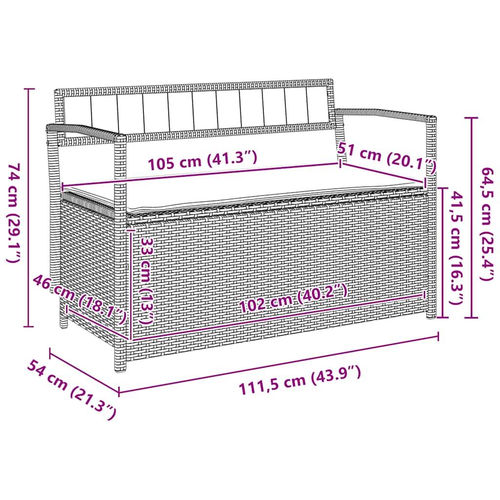 vidaXL Gartenbank mit Stauraum und Kissen Grau Poly Rattan